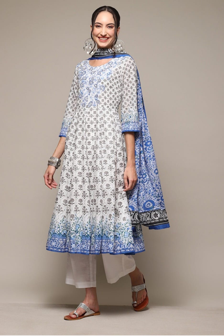 Ditya Block Printed Blue White Frock Suit Set