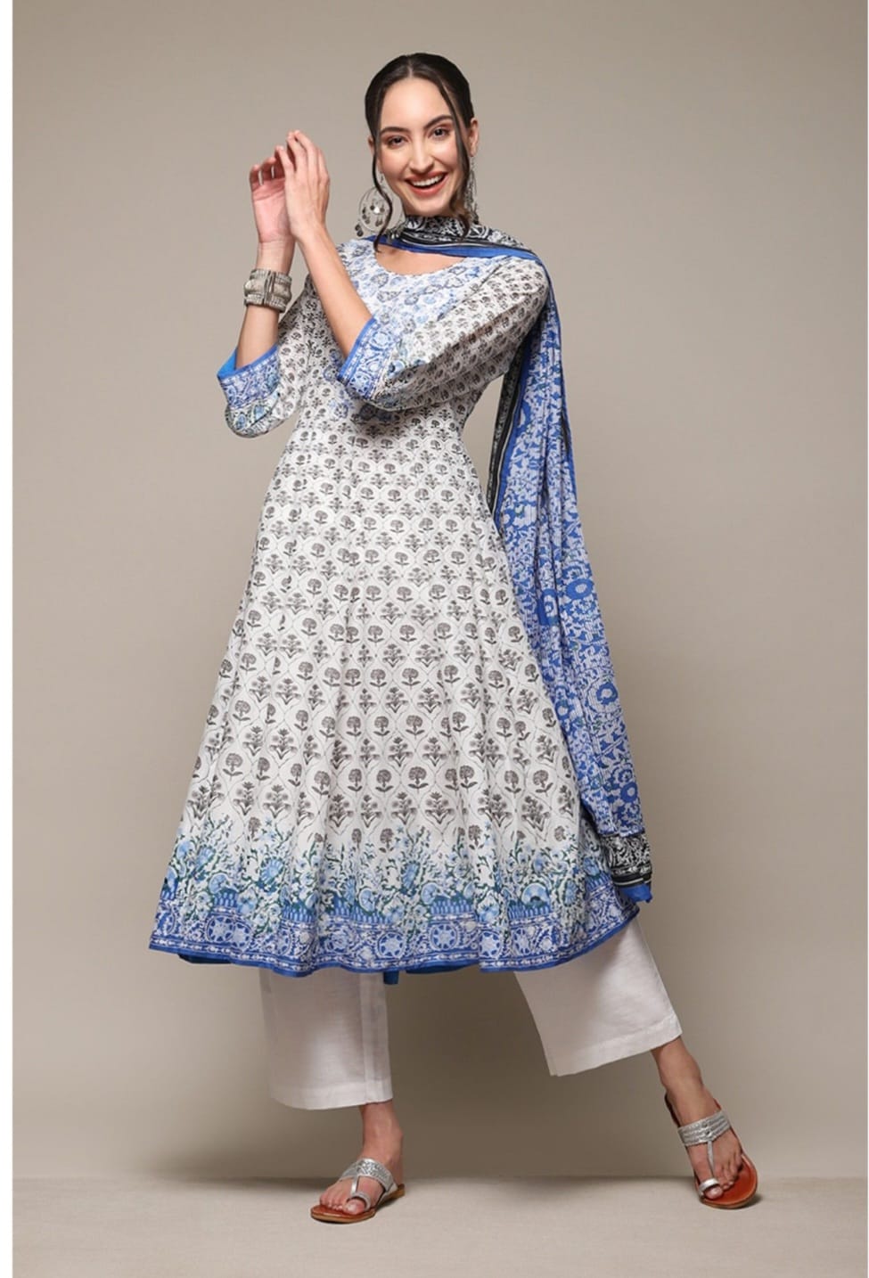 Ditya Block Printed Blue White Frock Suit Set