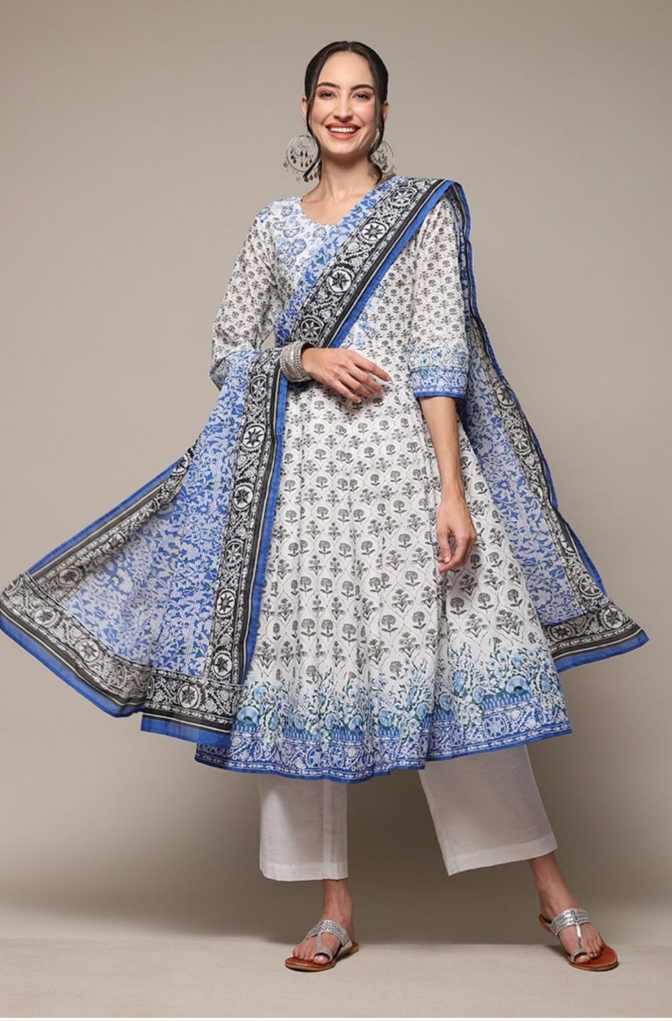 Ditya Block Printed Blue White Frock Suit Set