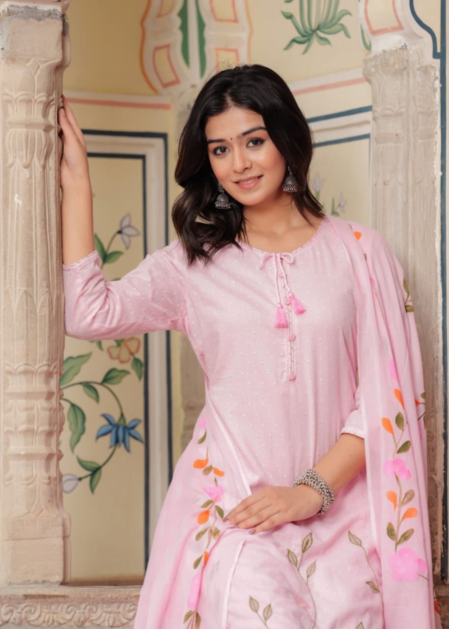 Kishaa Hand Embroidered Baby Pink Straight Suit Set