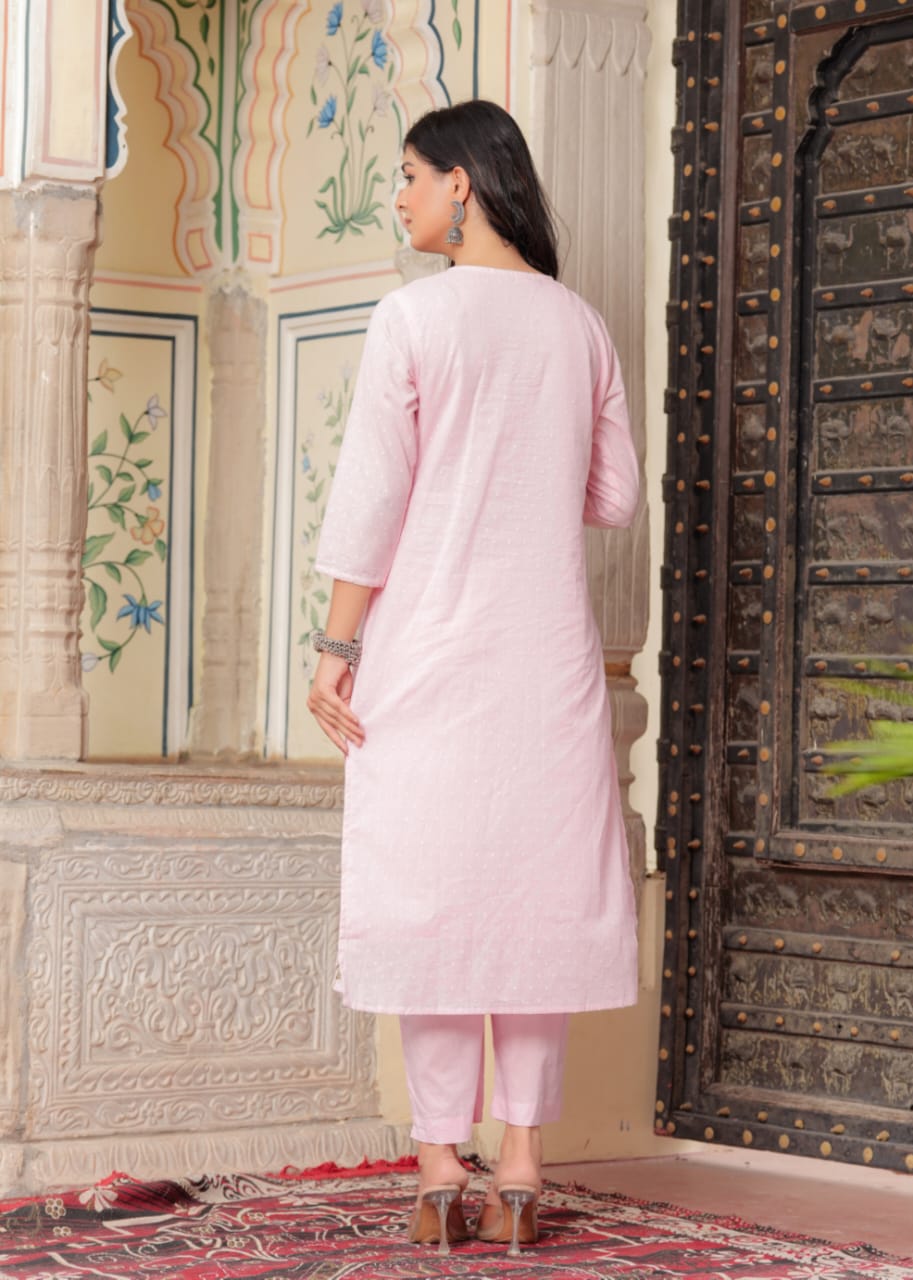 Kishaa Hand Embroidered Baby Pink Straight Suit Set