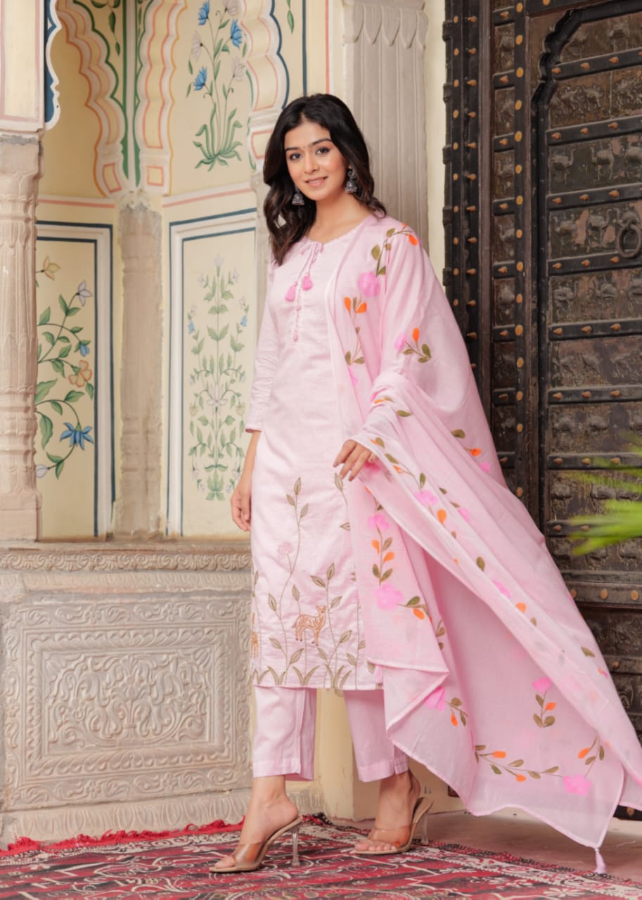 Kishaa Hand Embroidered Baby Pink Straight Suit Set