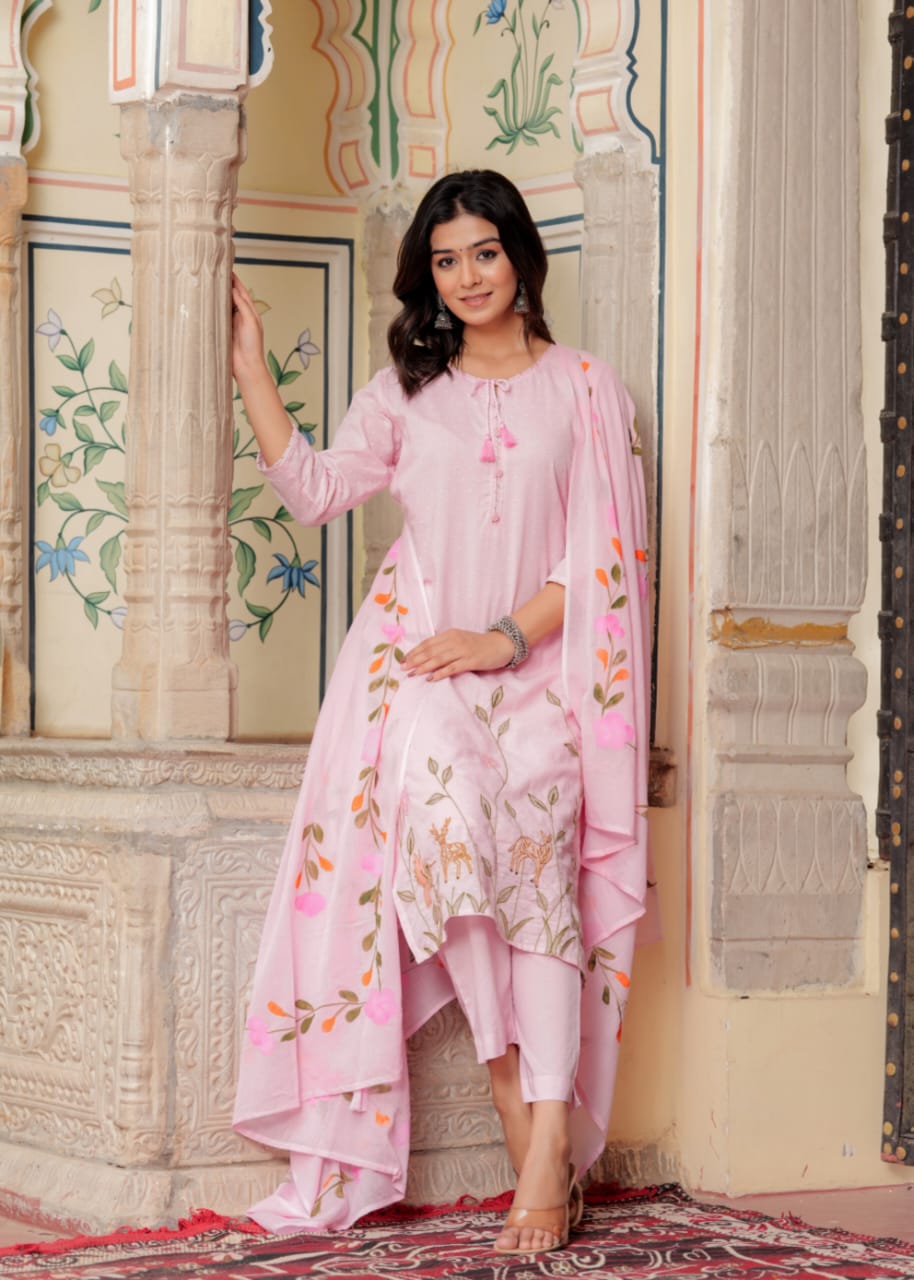 Kishaa Hand Embroidered Baby Pink Straight Suit Set