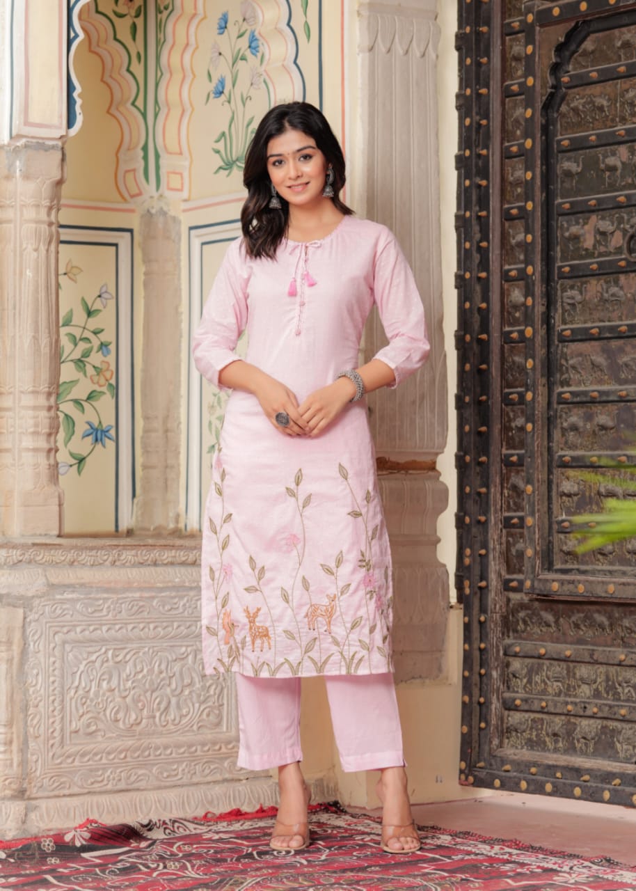 Kishaa Hand Embroidered Baby Pink Straight Suit Set