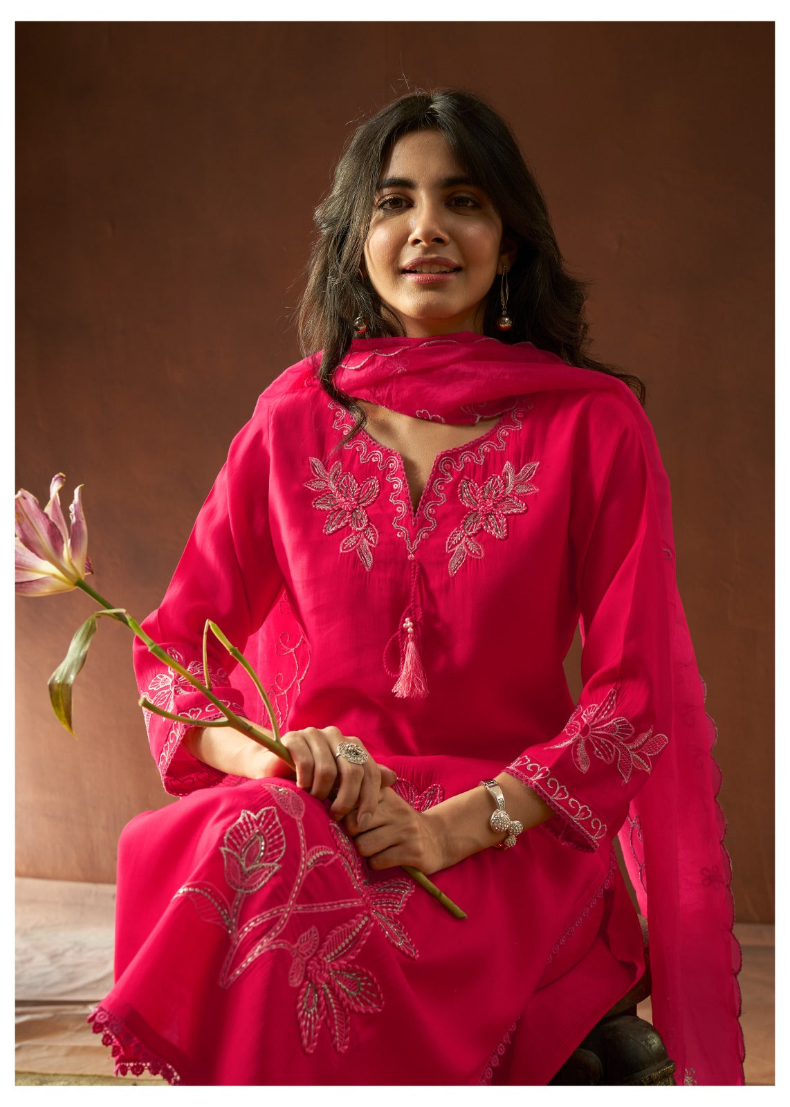 Kishaa Hand Embroidered Pink Straight Suit Set