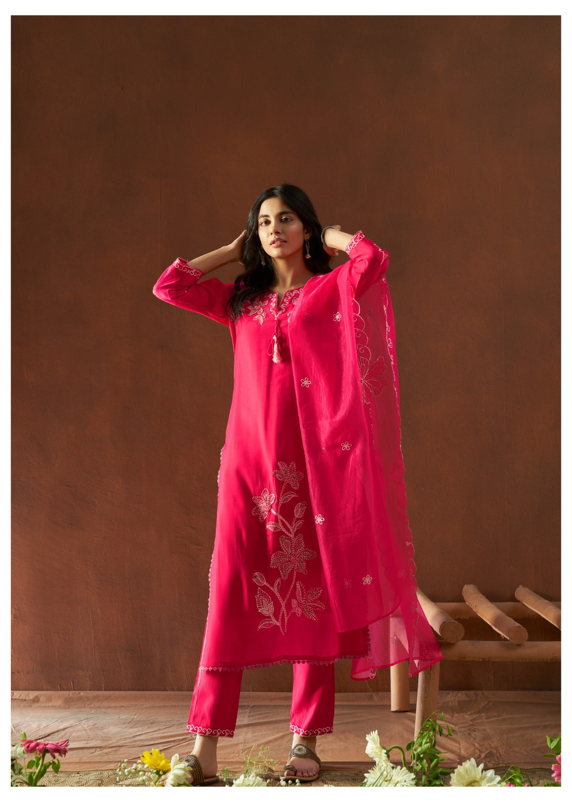 Kishaa Hand Embroidered Pink Straight Suit Set