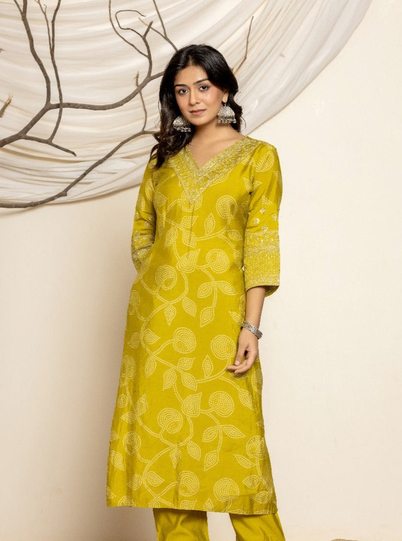 Navya Bandhani Printed Greenish Straight Suit Set