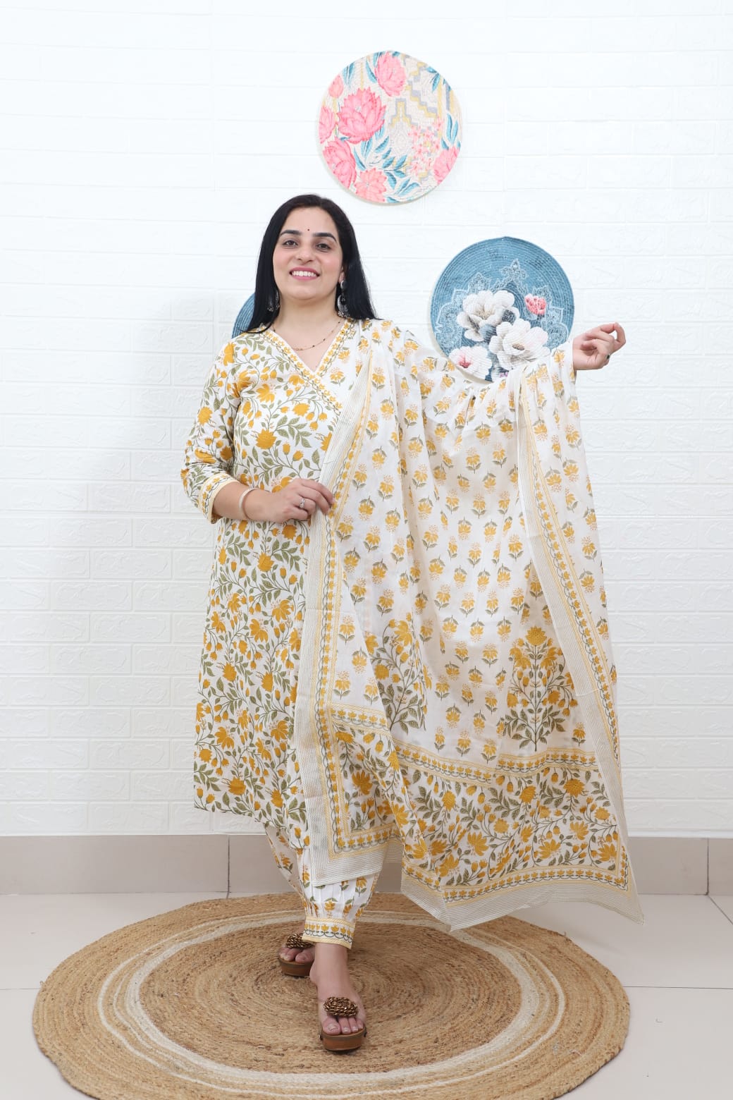 Kishaa Floral Printed Yellow Angrakha Afghani Suit Set