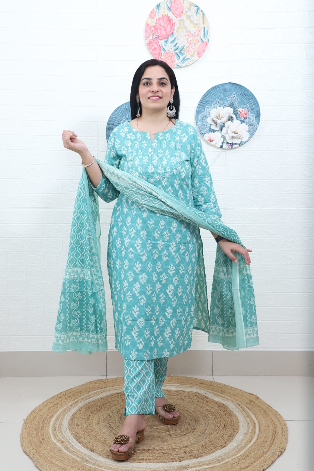 Gauri Block Printed Green Straight Suit Set