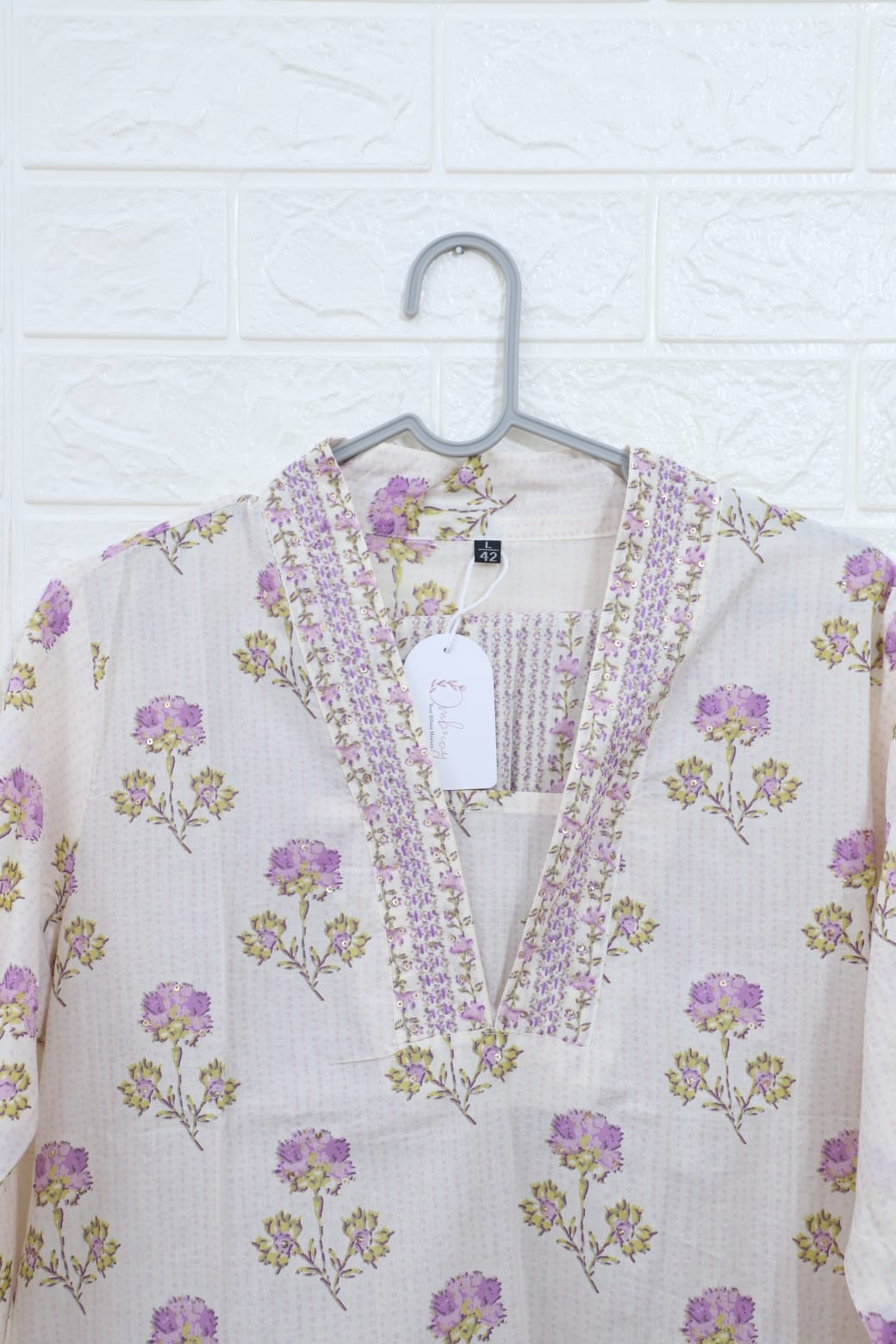 Tanya Block Printed White and Lavender Straight Suit Set