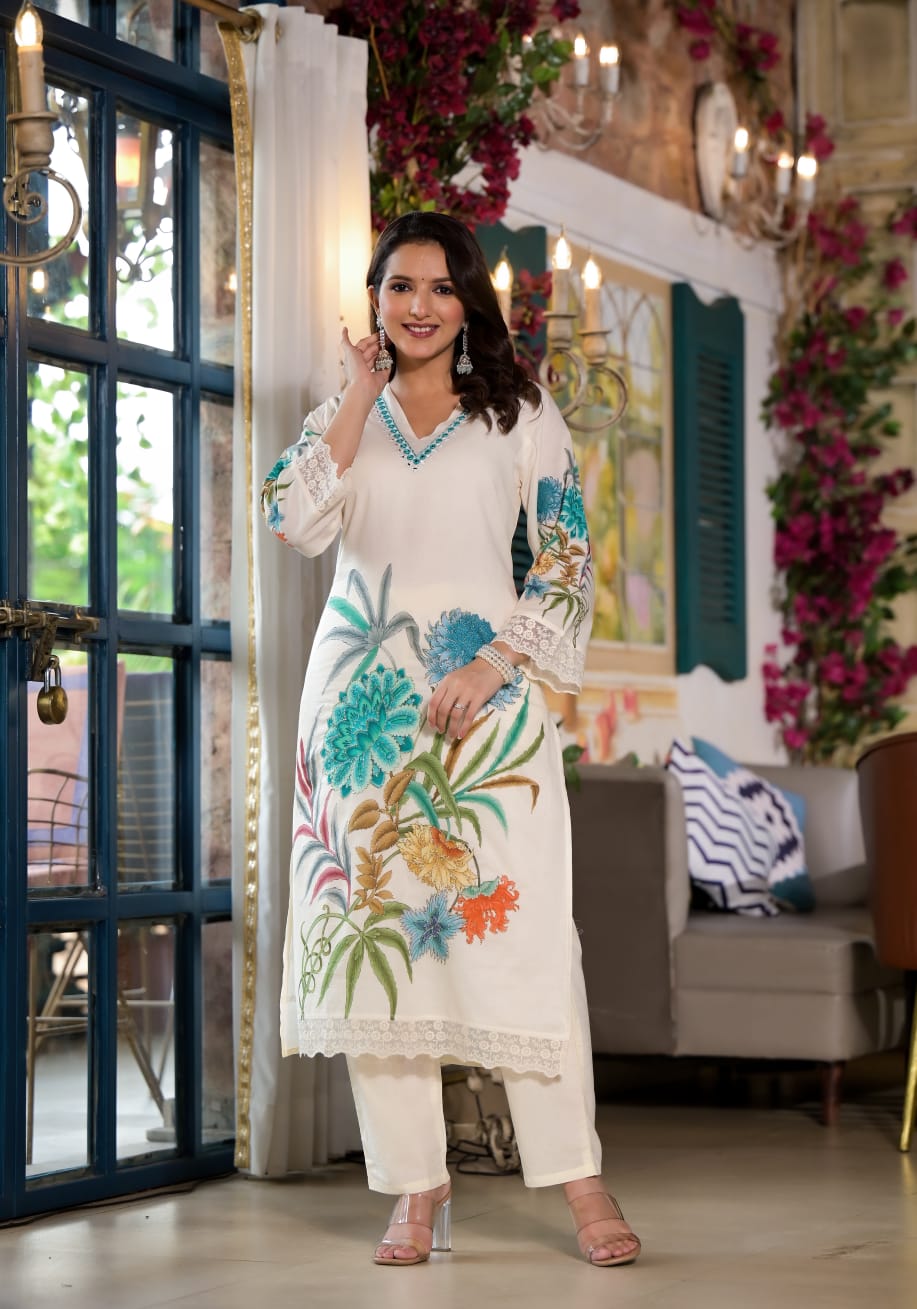 Rutwi Floral Printed Off White Pakistani Straight Suit Set