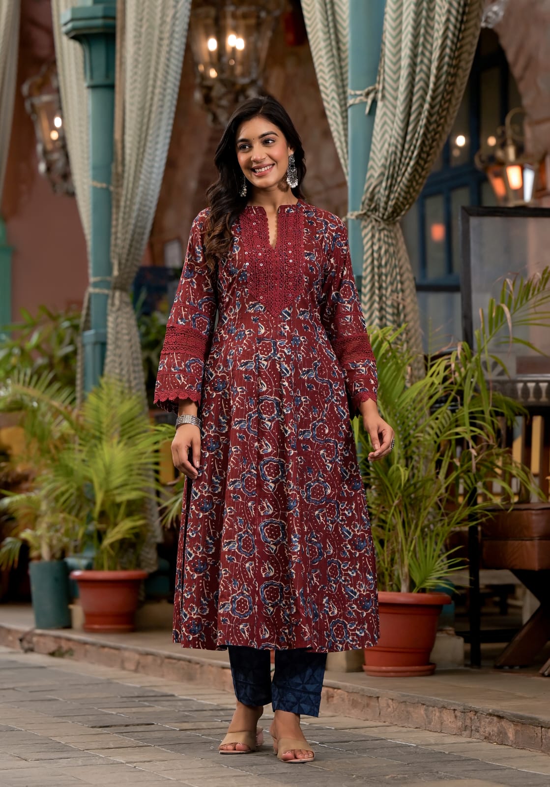 Khushi Block Printed Maroon Pakistani Anarkali Suit Set