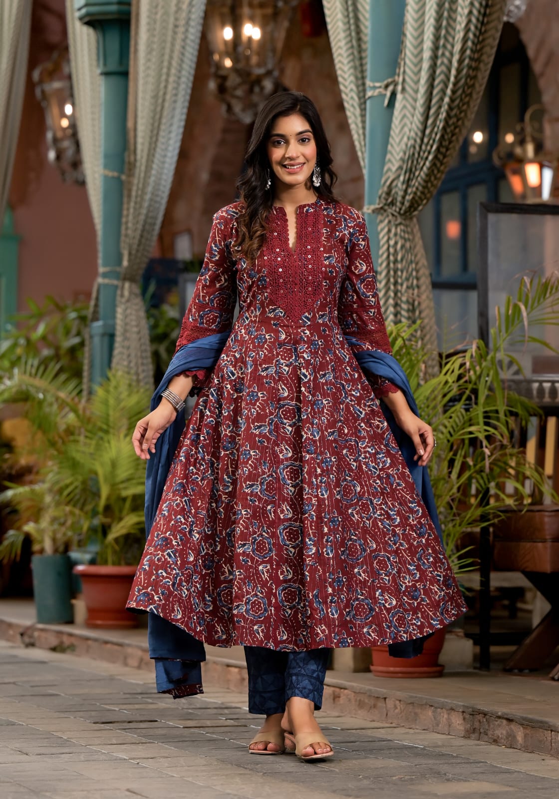 Khushi Block Printed Maroon Pakistani Anarkali Suit Set