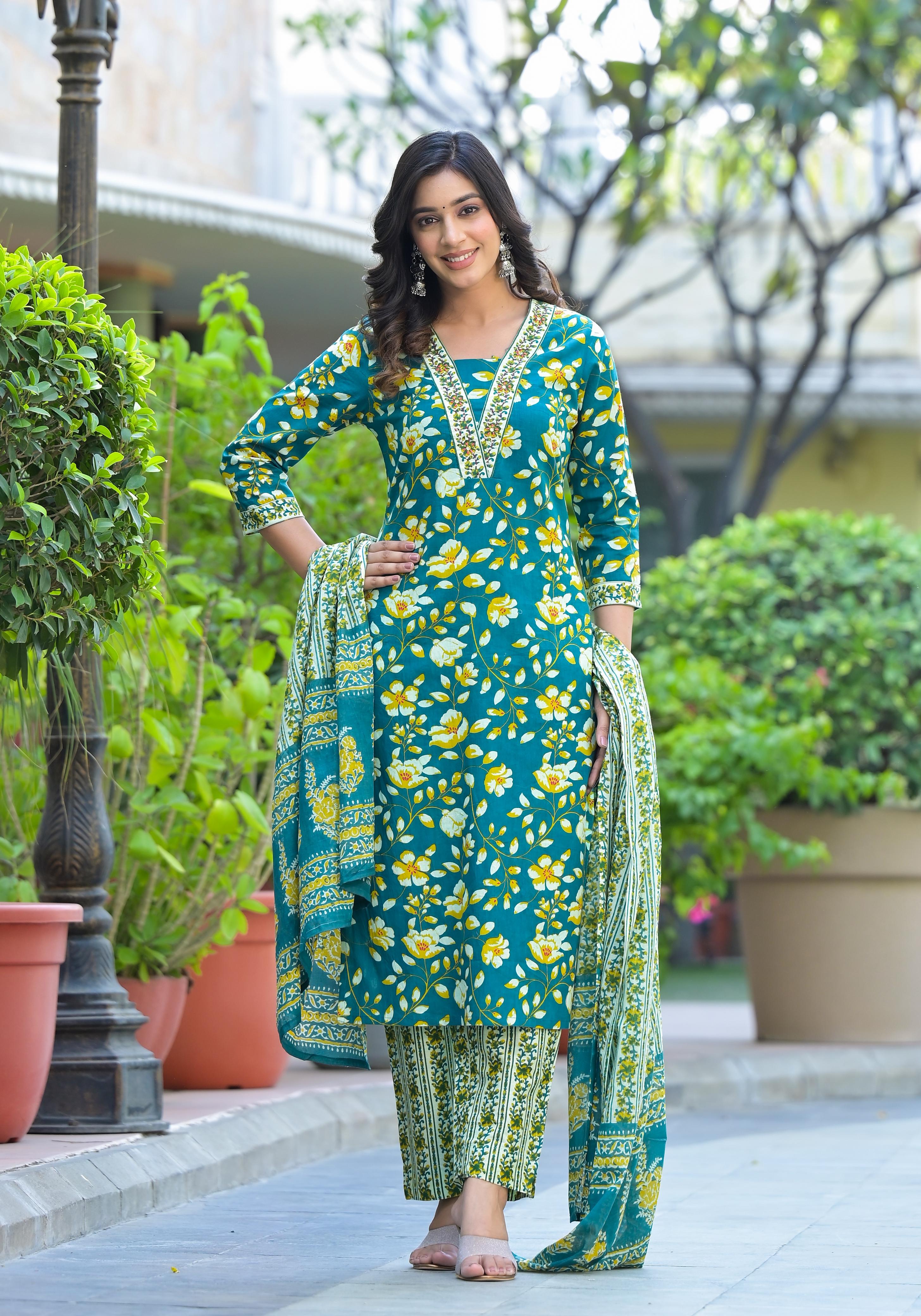 Tanya Block Printed Teal Straight Suit Set