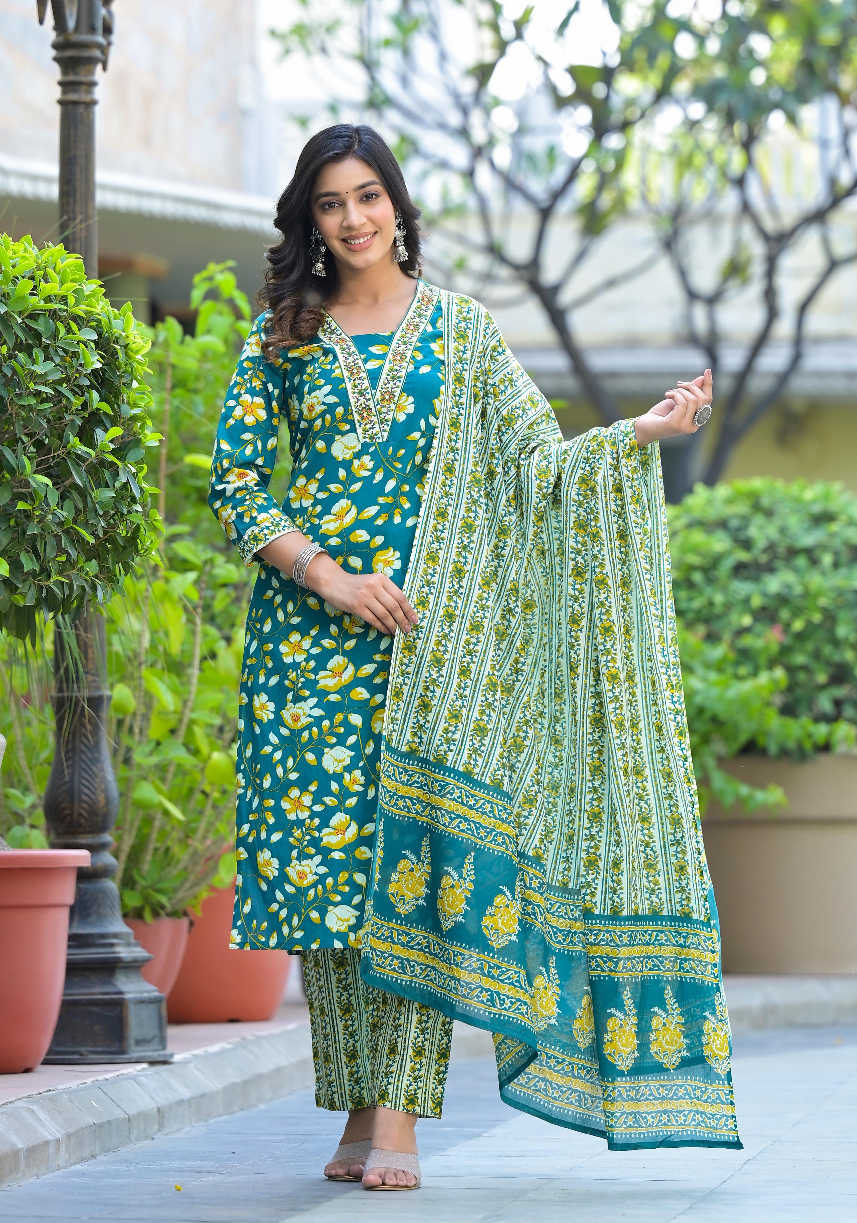 Tanya Block Printed Teal Straight Suit Set