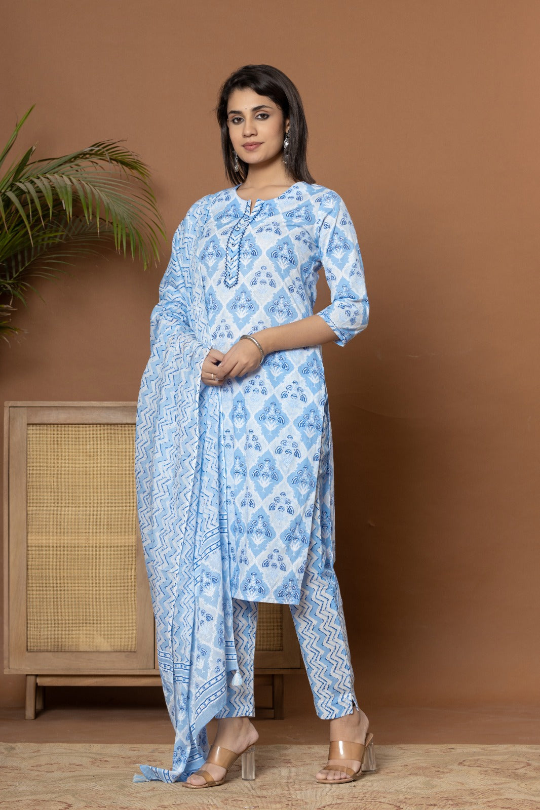 Tanya Block Printed Sky Blue Straight Suit Set