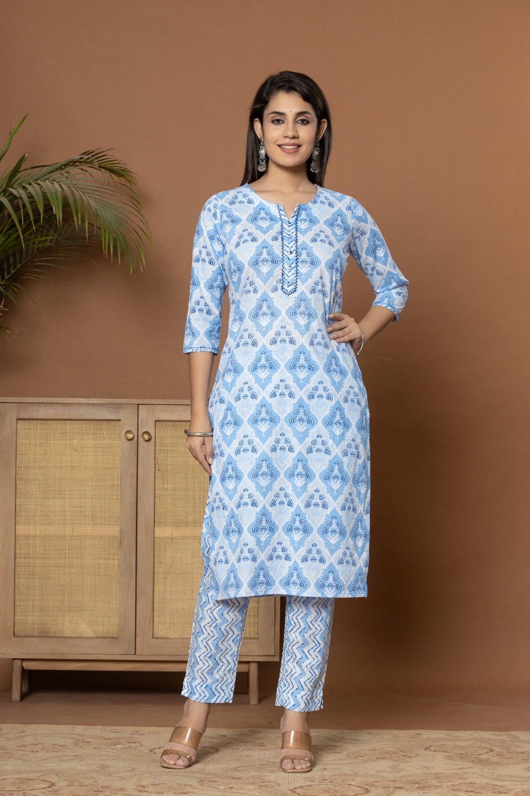 Tanya Block Printed Sky Blue Straight Suit Set