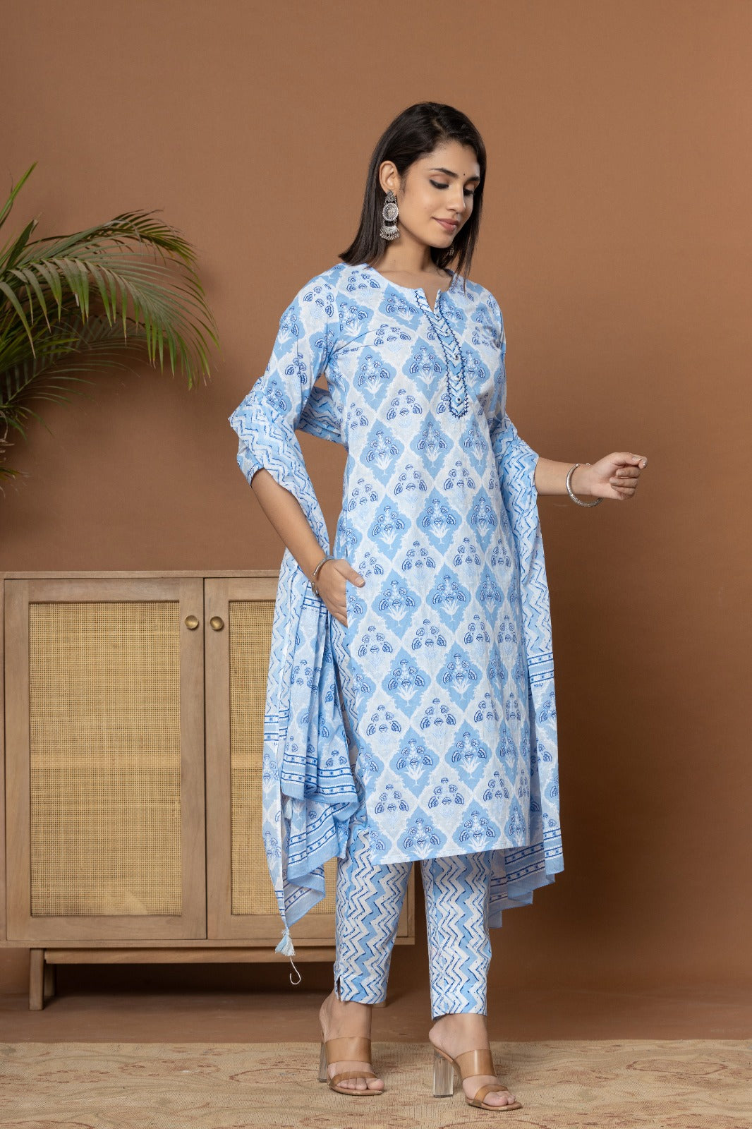 Tanya Block Printed Sky Blue Straight Suit Set