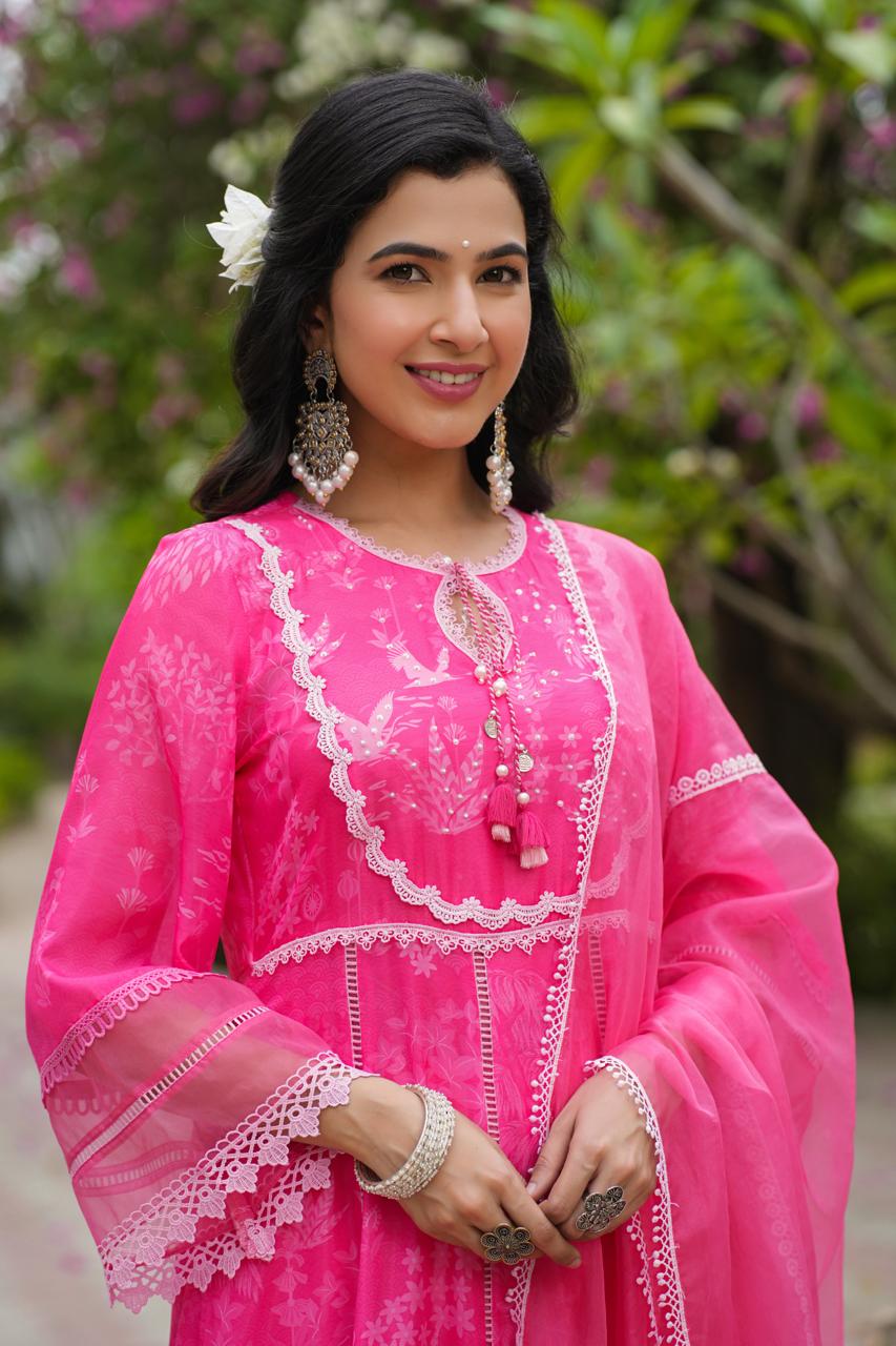 Rutwi Floral Printed Pink Pakistani Anarkali Suit Set