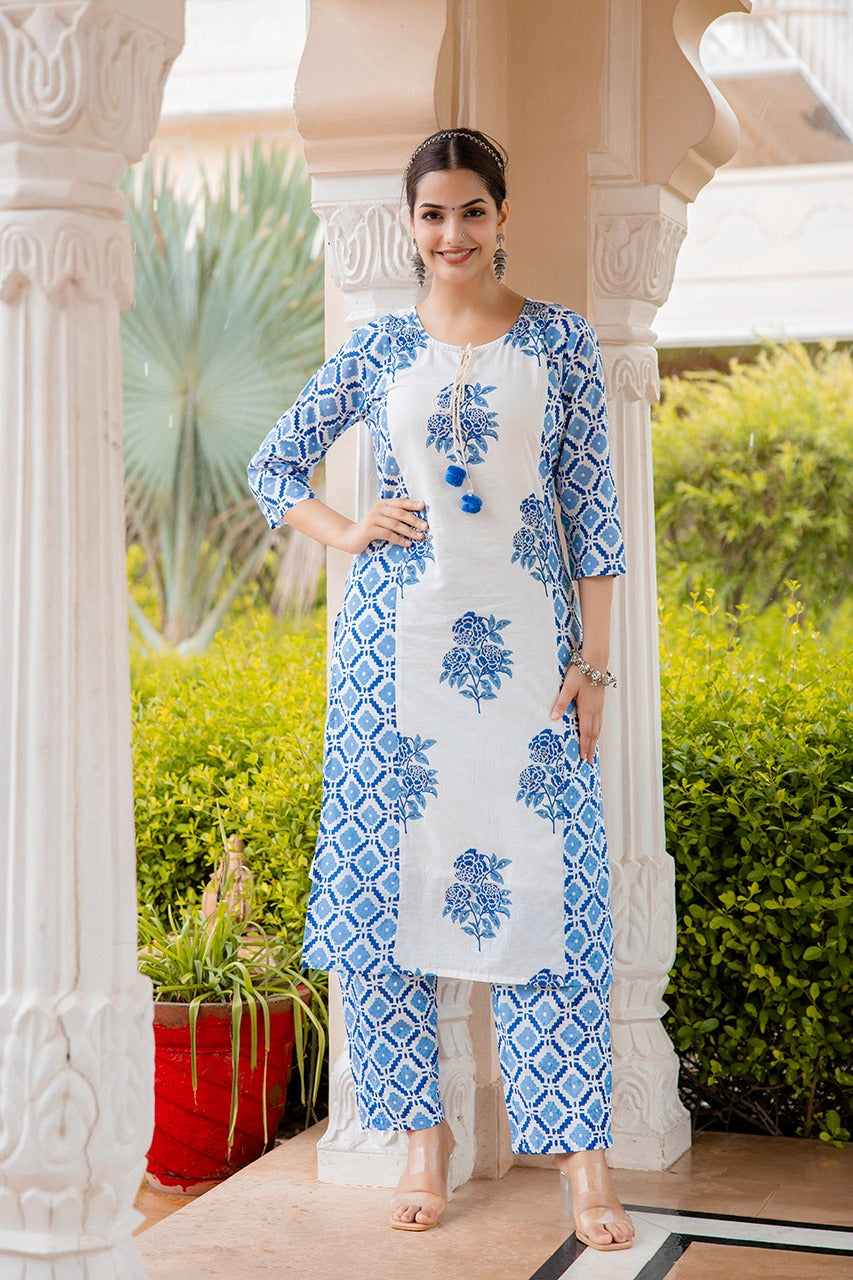 Gauri Block Printed White and Blue Straight Suit Set