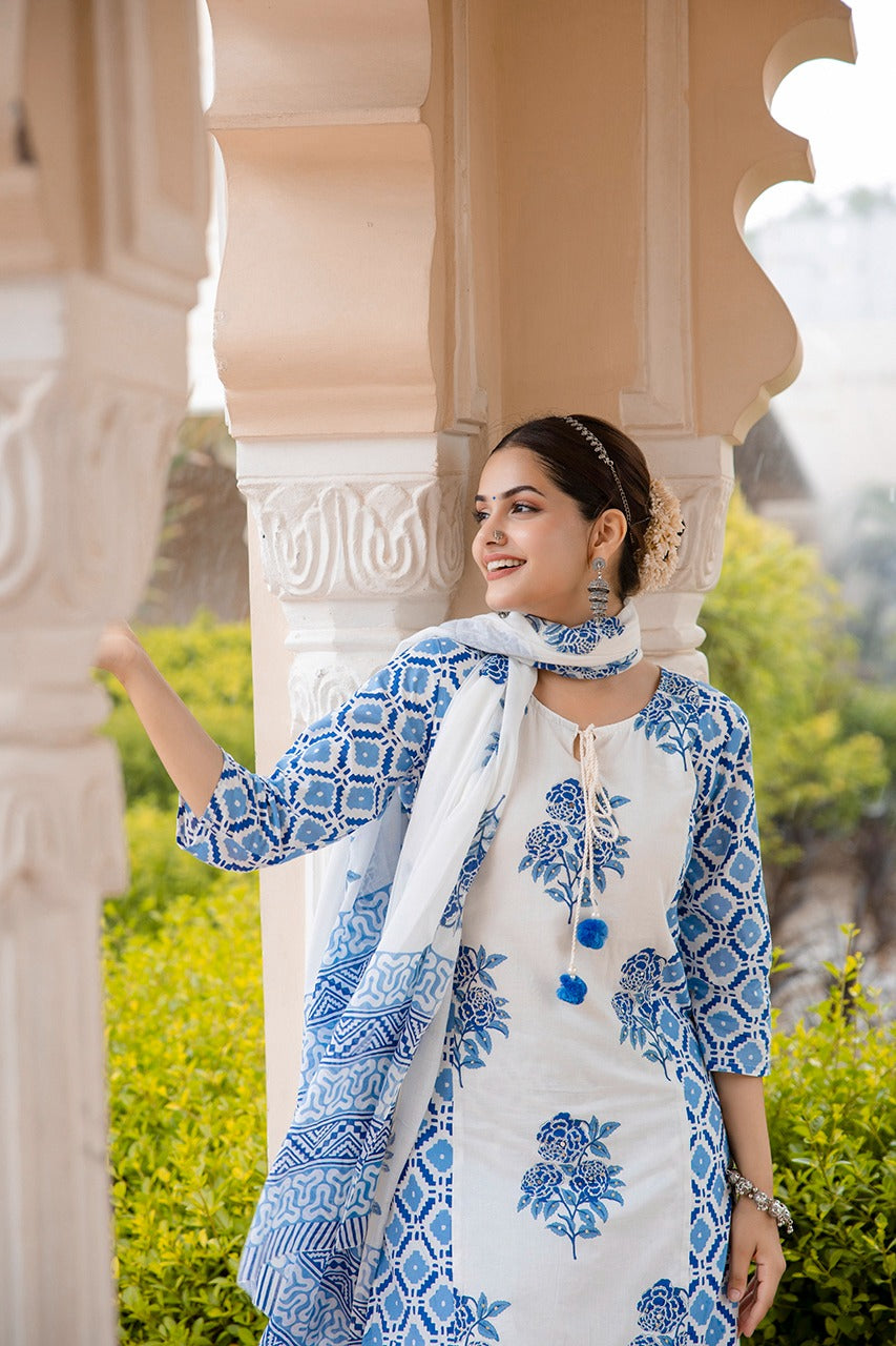 Gauri Block Printed White and Blue Straight Suit Set