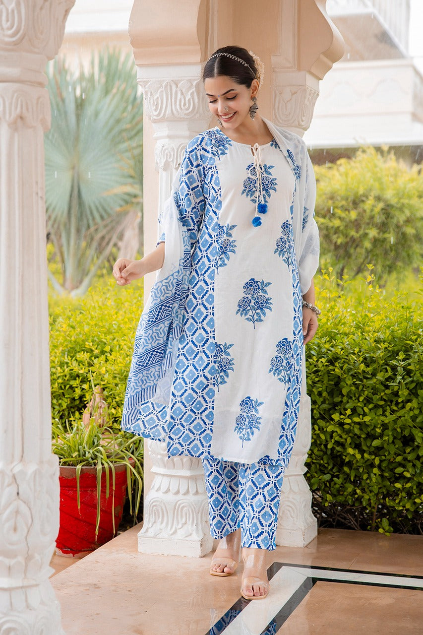 Gauri Block Printed White and Blue Straight Suit Set