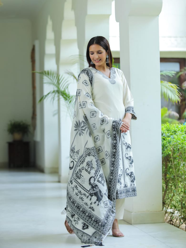 Aashna Elephant Motives B&W Pakistani Straight Suit Set