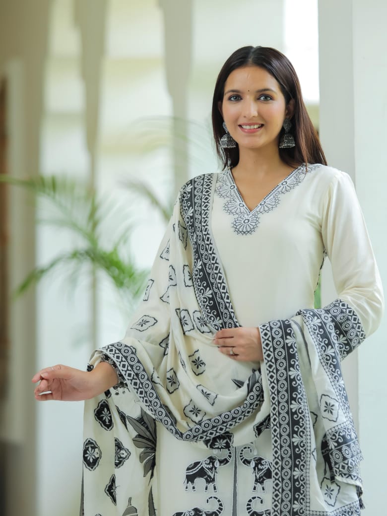 Aashna Elephant Motives B&W Pakistani Straight Suit Set