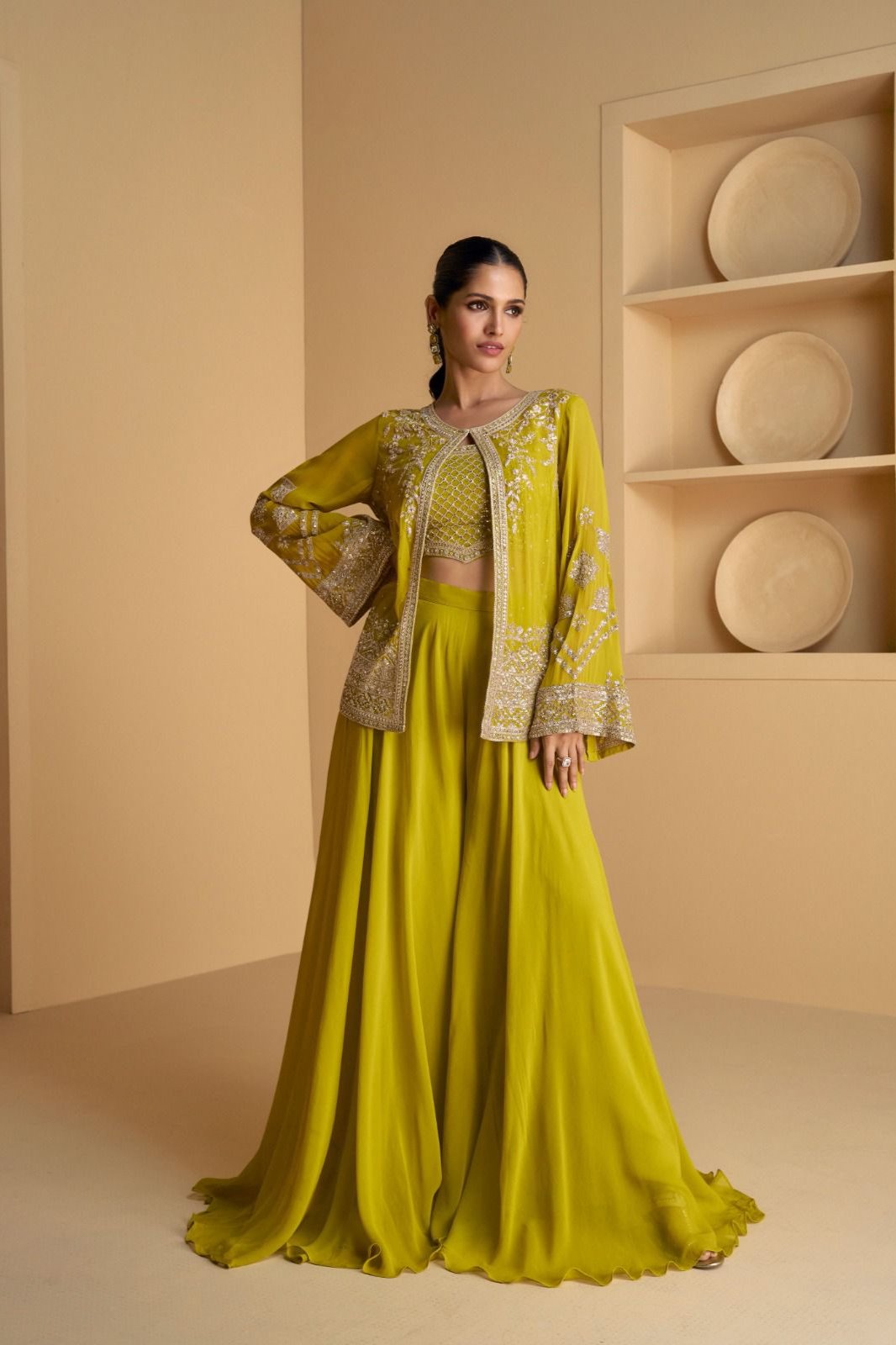 Amaya Hand Embroidered Mustard Indo Western Set