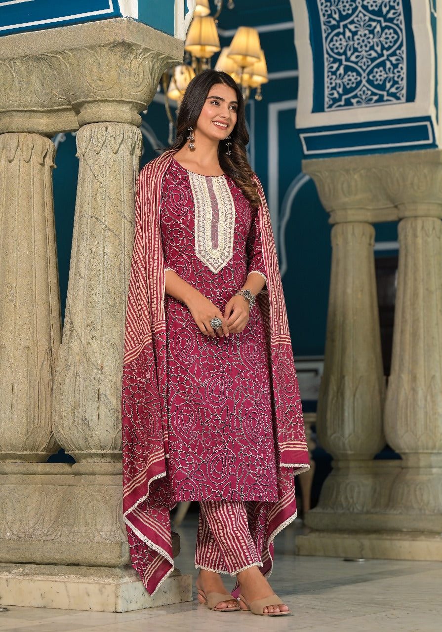 Tanya Block Printed Maroon Straight Suit Set