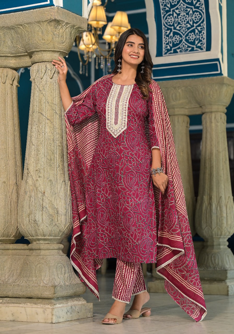 Tanya Block Printed Maroon Straight Suit Set