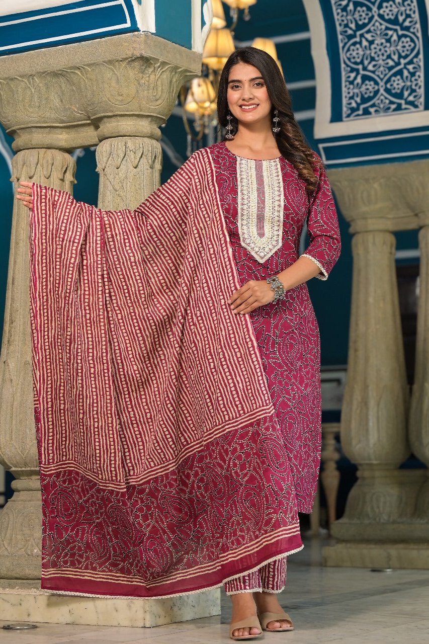 Tanya Block Printed Maroon Straight Suit Set