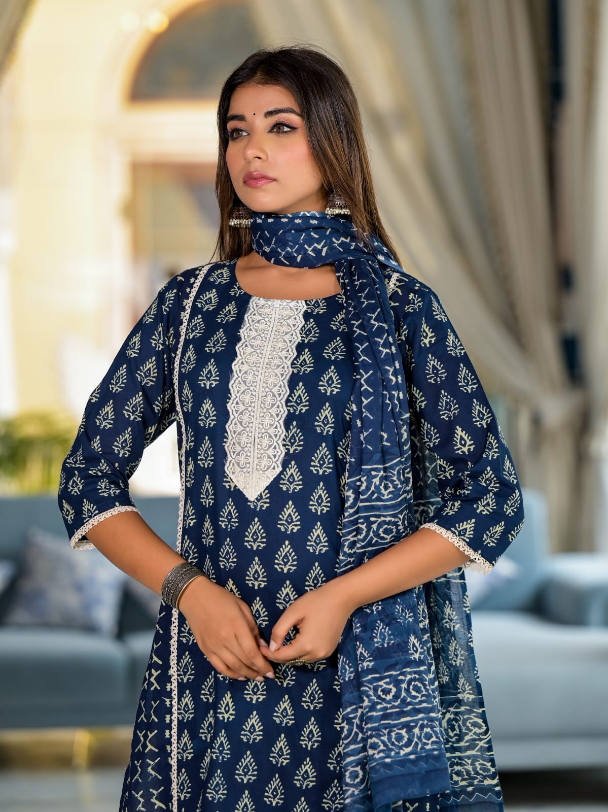 Tanya Block Printed Indigo Straight Suit Set