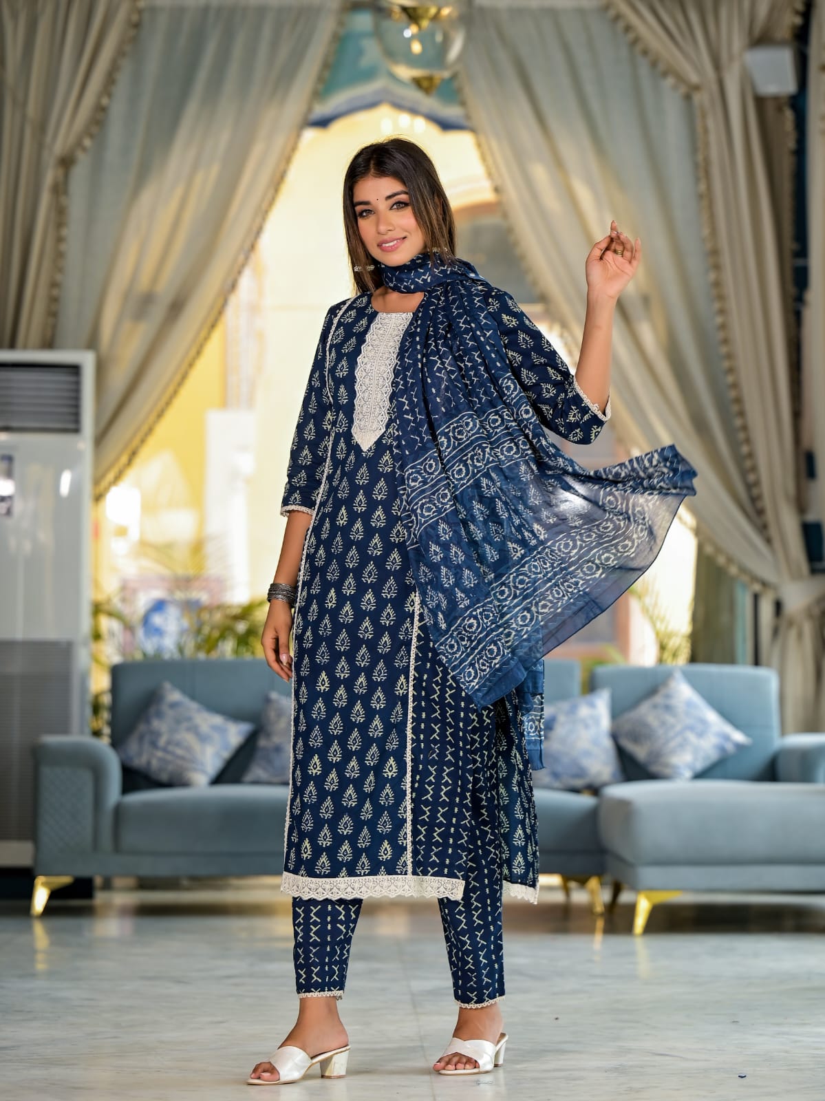 Tanya Block Printed Indigo Straight Suit Set