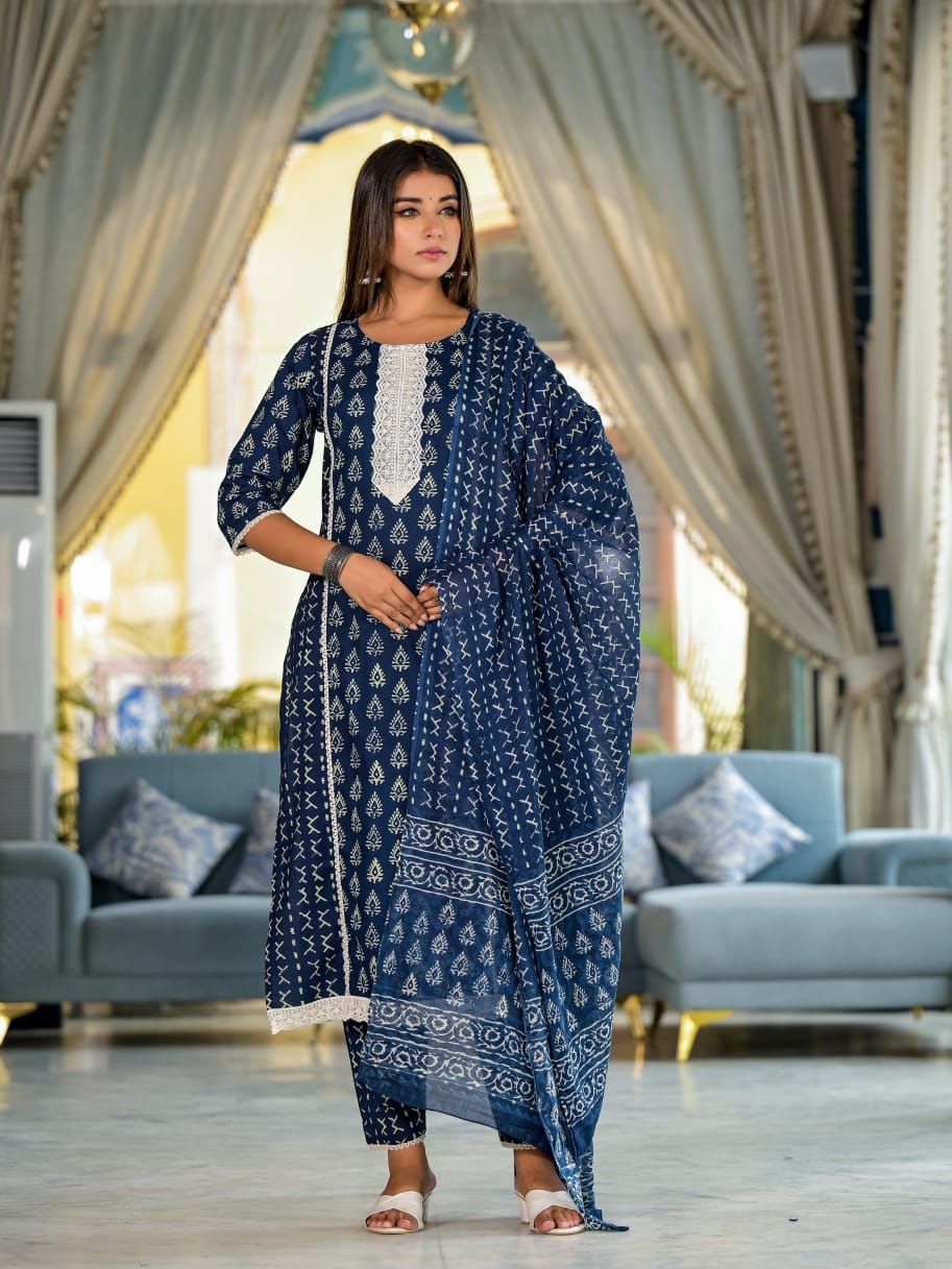 Tanya Block Printed Indigo Straight Suit Set