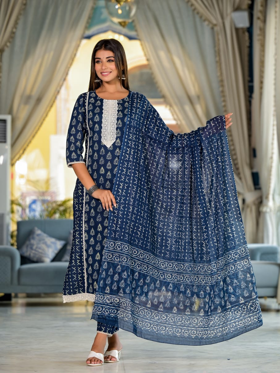 Tanya Block Printed Indigo Straight Suit Set