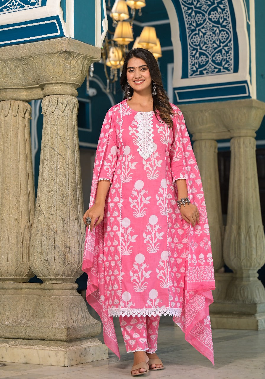 Tanya Block Printed Pink Straight Suit Set