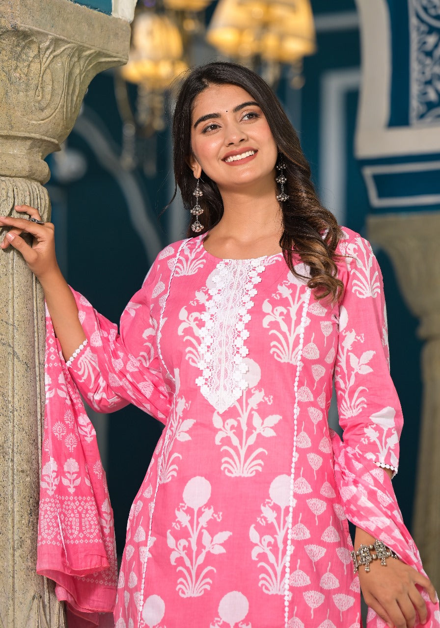 Tanya Block Printed Pink Straight Suit Set