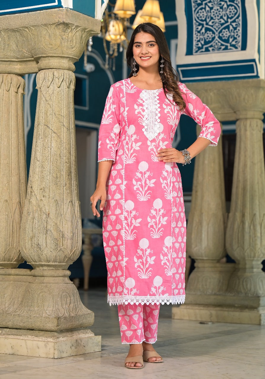 Tanya Block Printed Pink Straight Suit Set