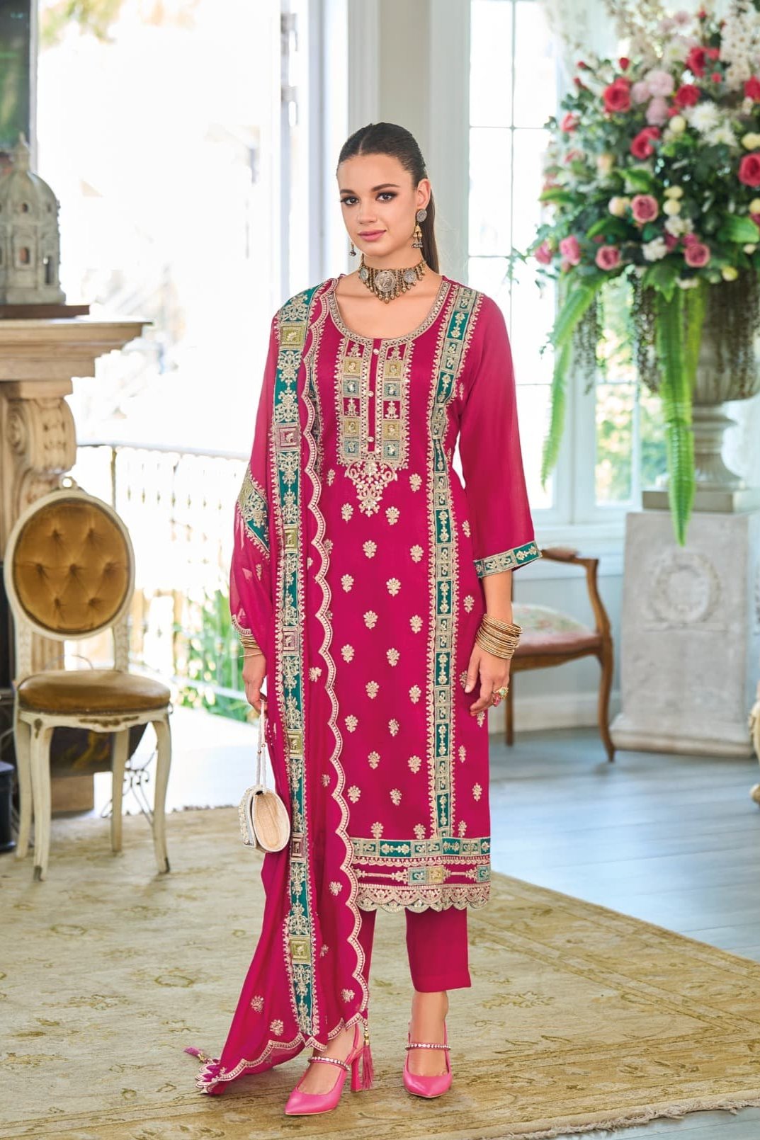 Ramya Pink Pakistani Embroidered Straight Suit Set