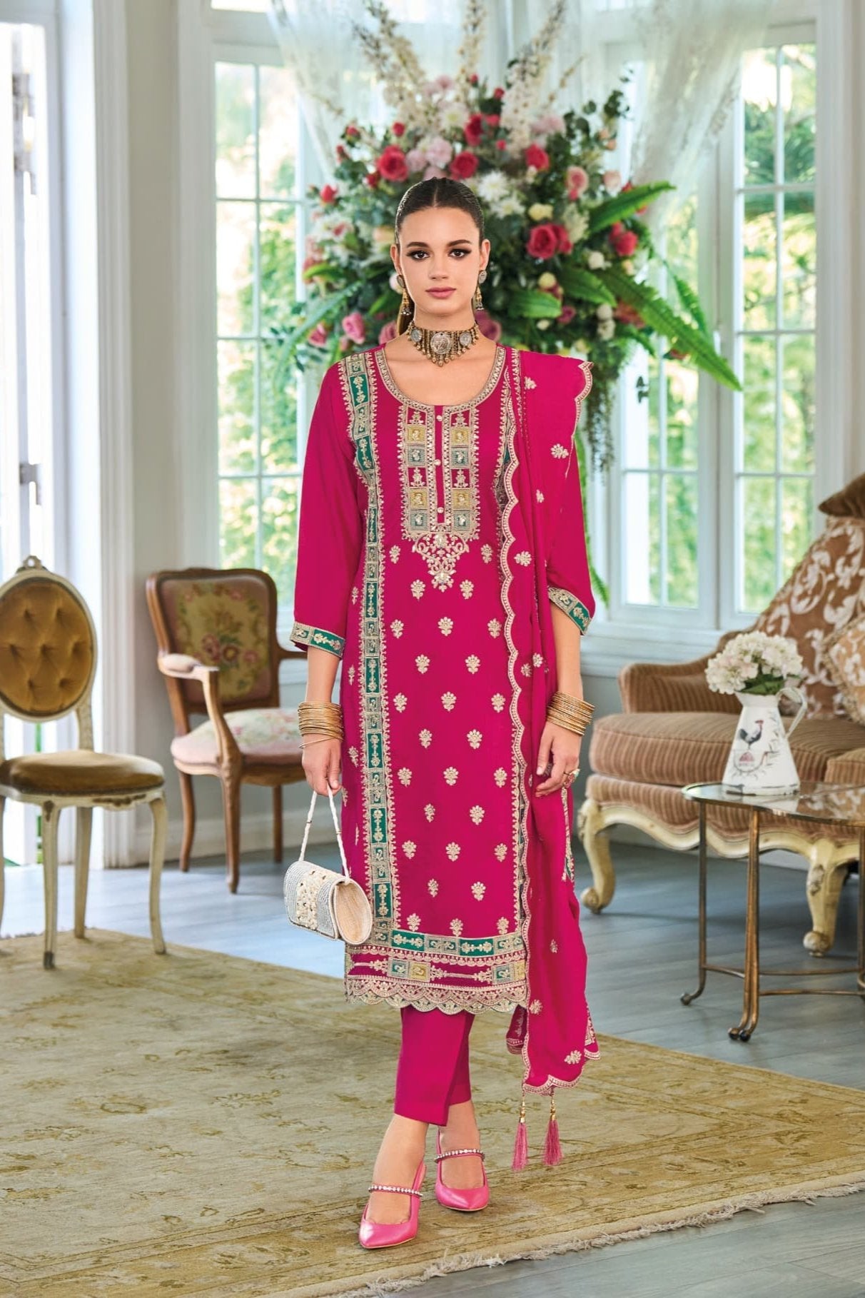 Ramya Pink Pakistani Embroidered Straight Suit Set