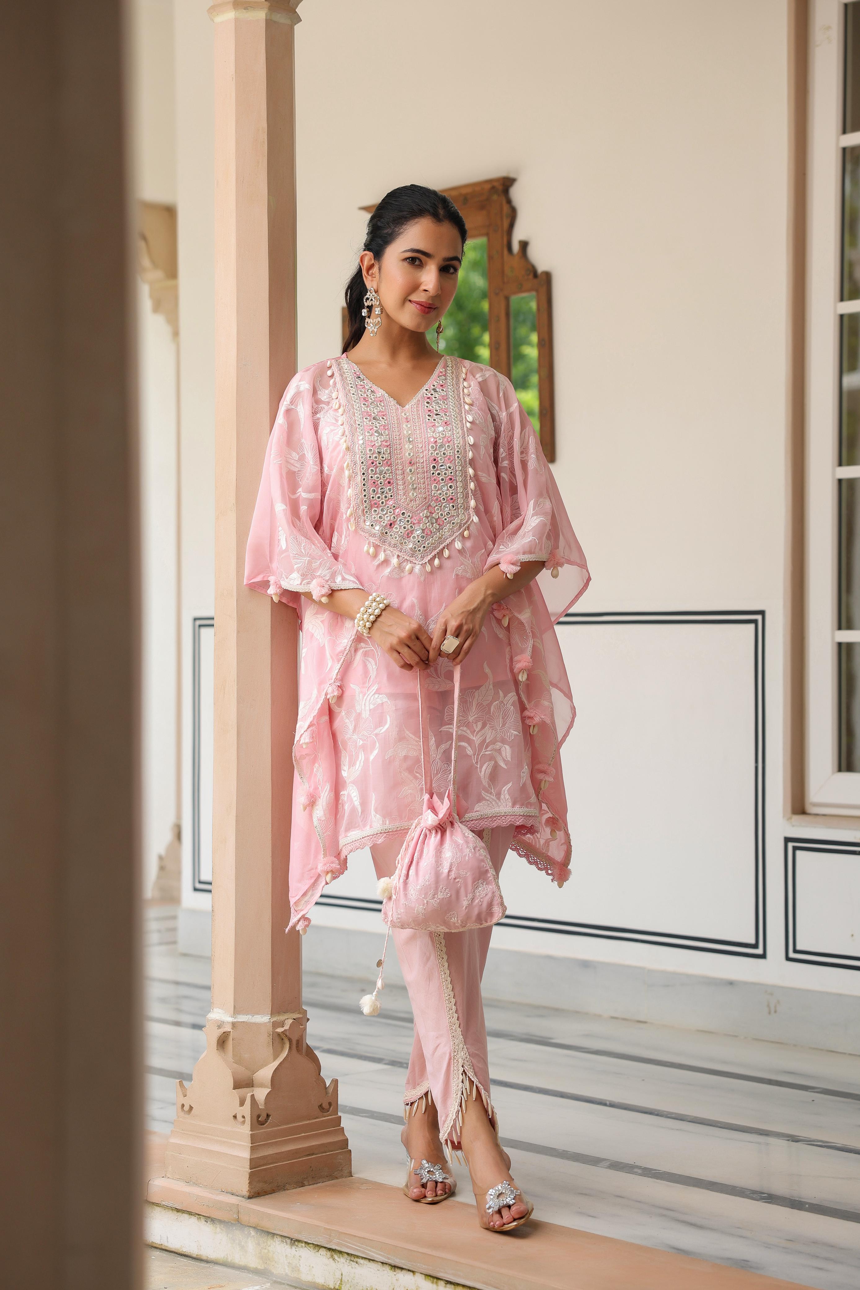 Amaya Pink Embroidered Kaftan Co-Ord Set with Potli