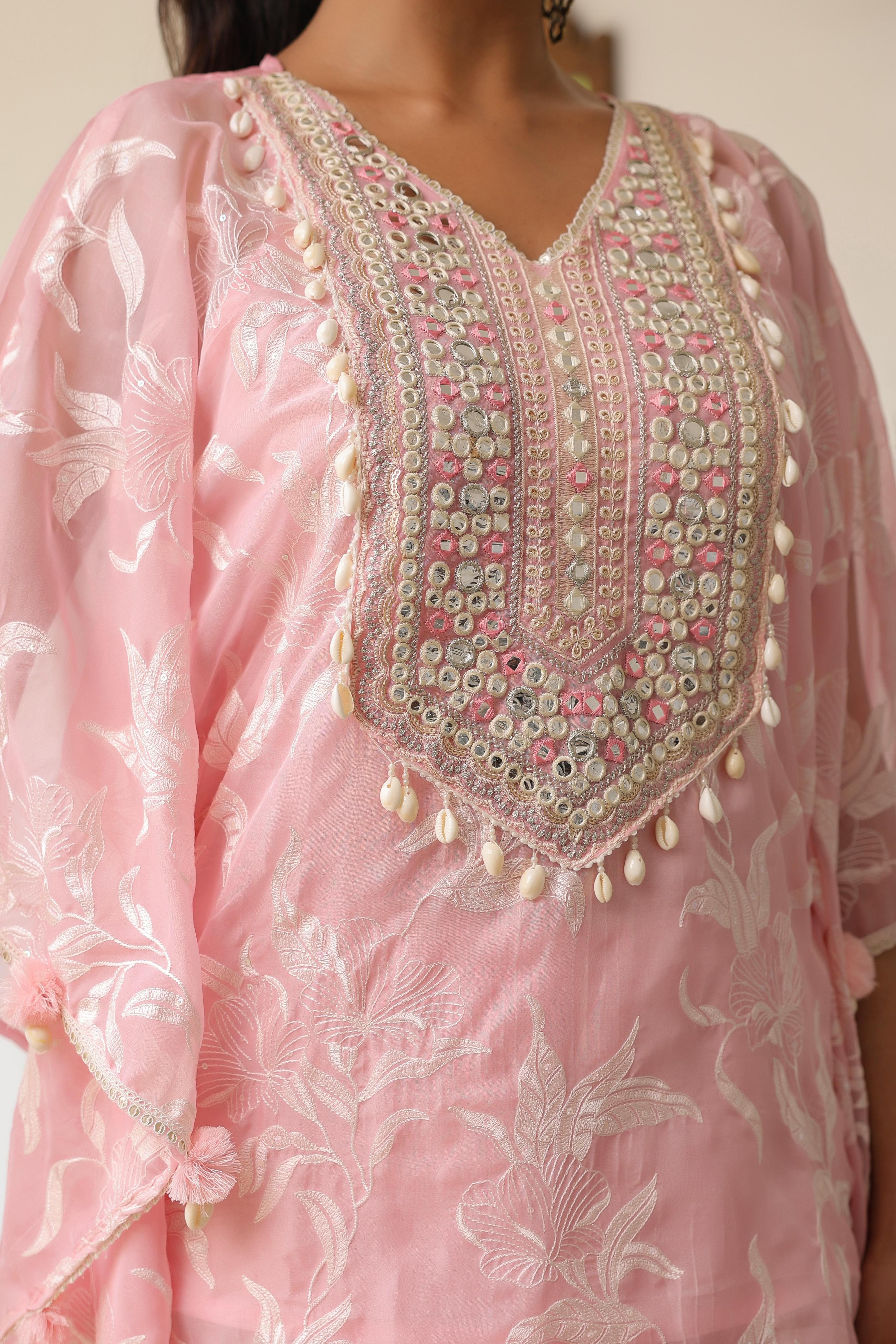 Amaya Pink Embroidered Kaftan Co-Ord Set with Potli