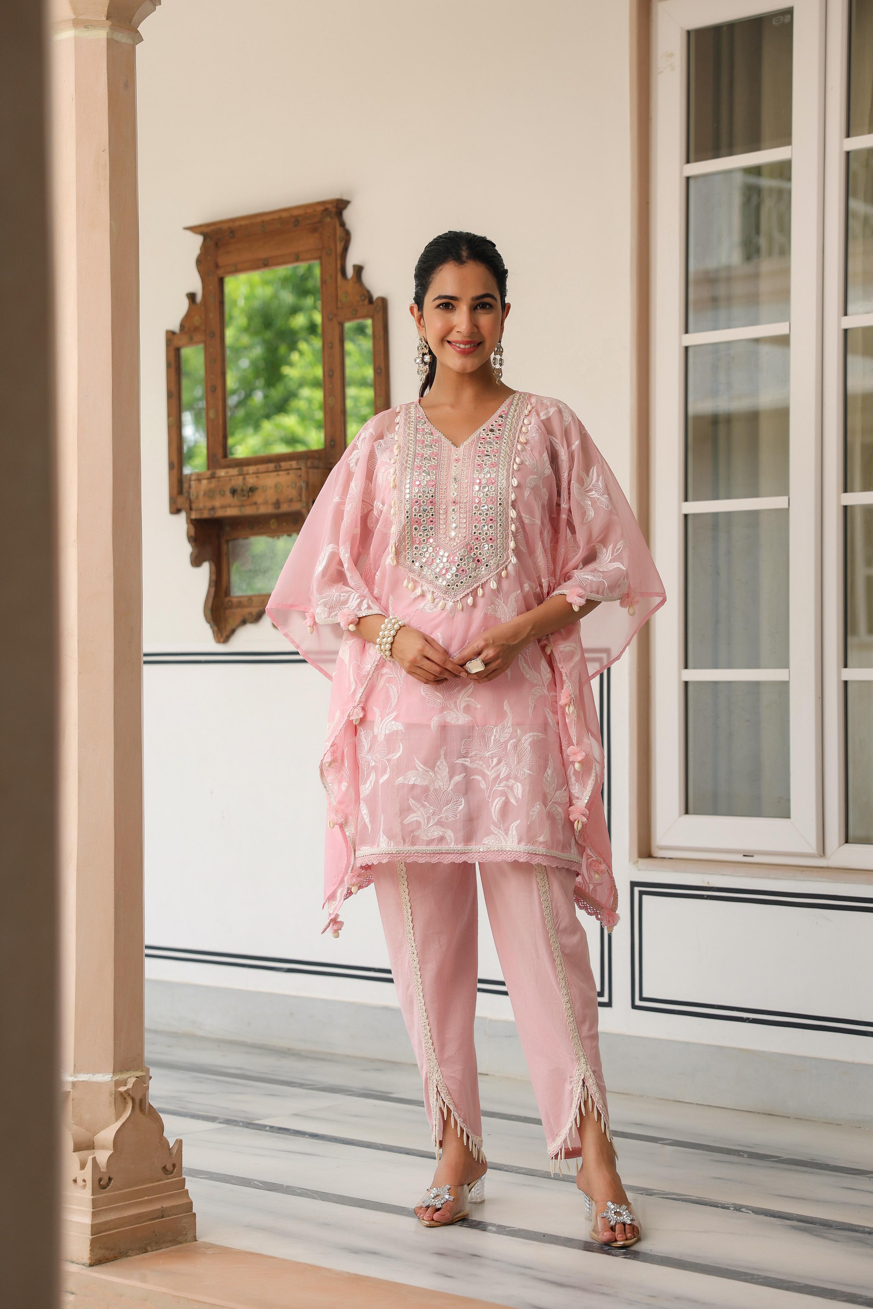 Amaya Pink Embroidered Kaftan Co-Ord Set with Potli