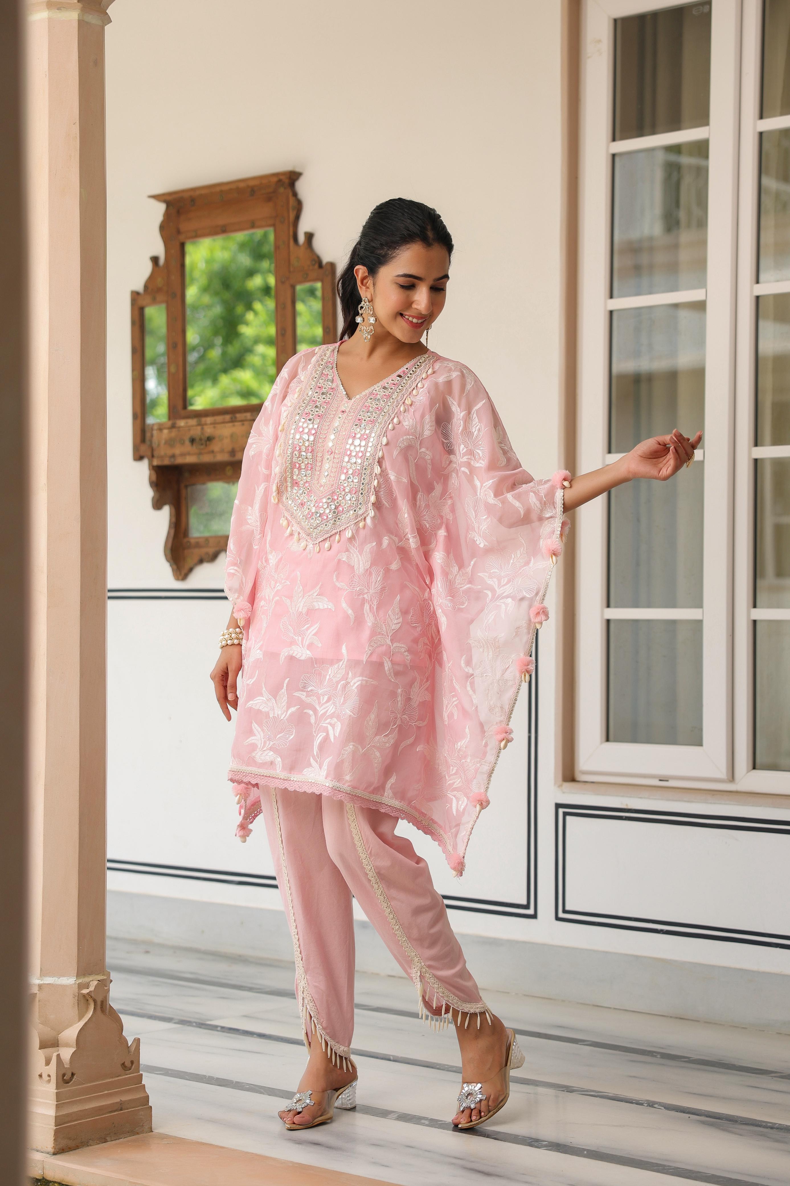 Amaya Pink Embroidered Kaftan Co-Ord Set with Potli