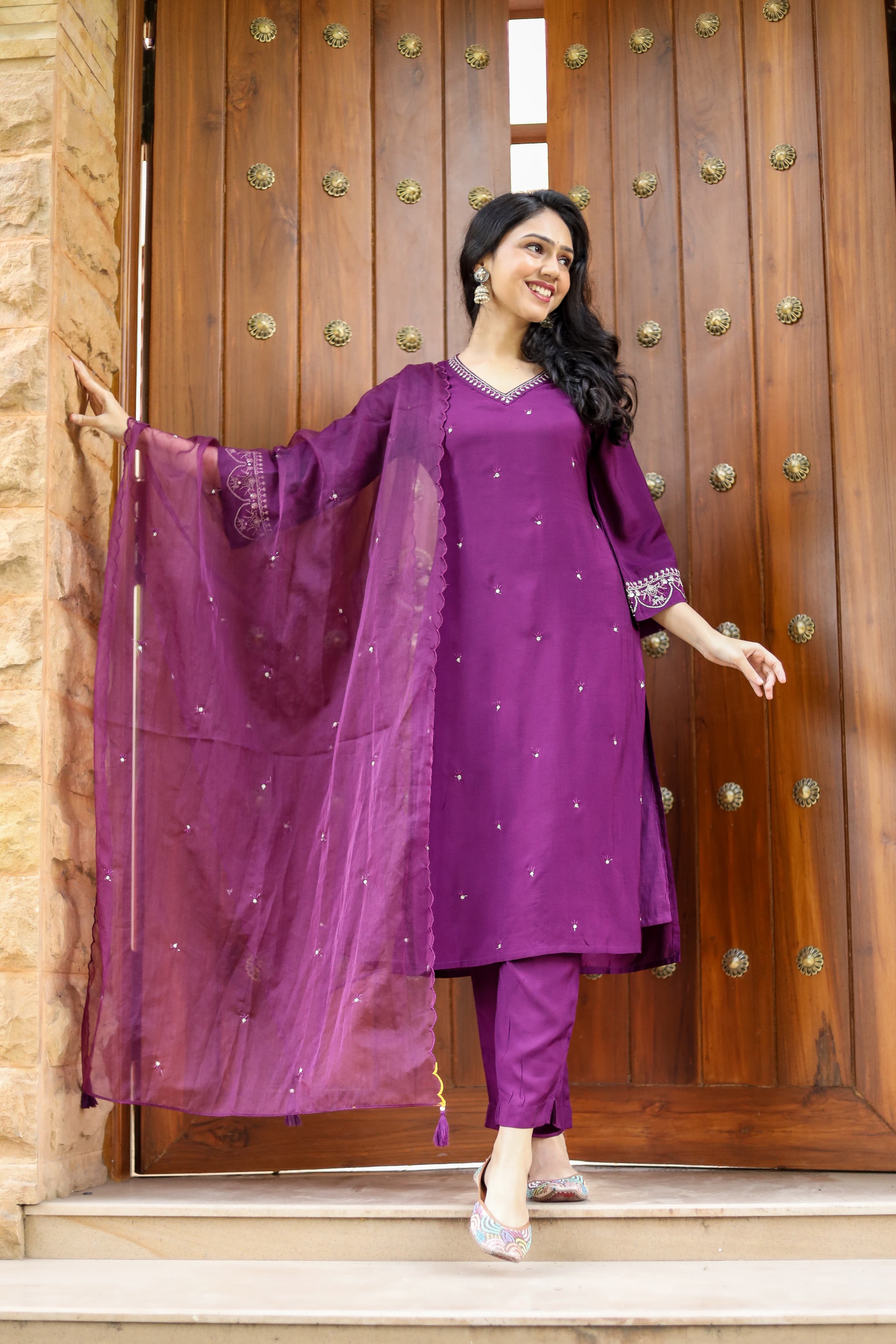 Ramya Solid Purple Embroidered Straight Suit Set