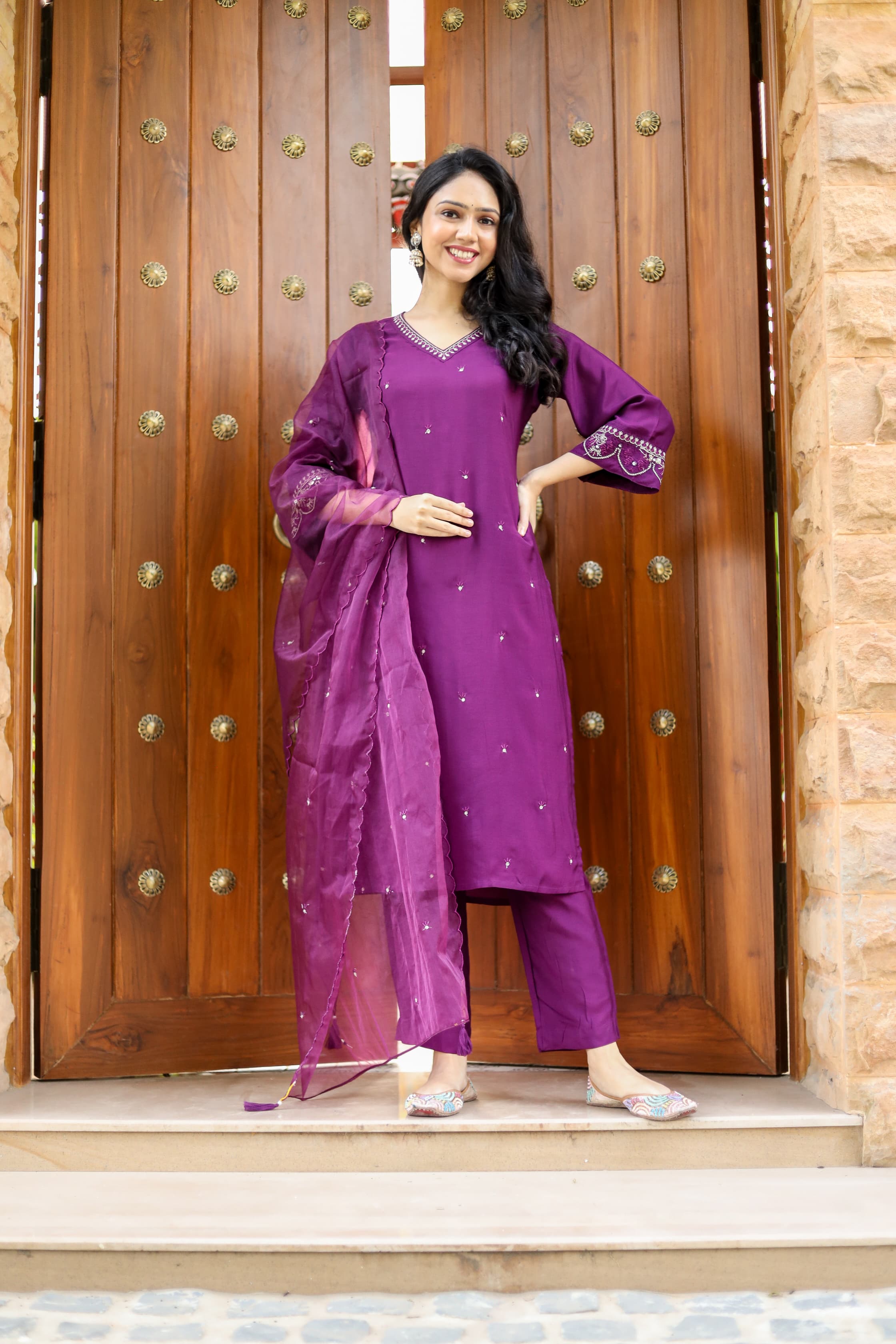 Ramya Solid Purple Embroidered Straight Suit Set