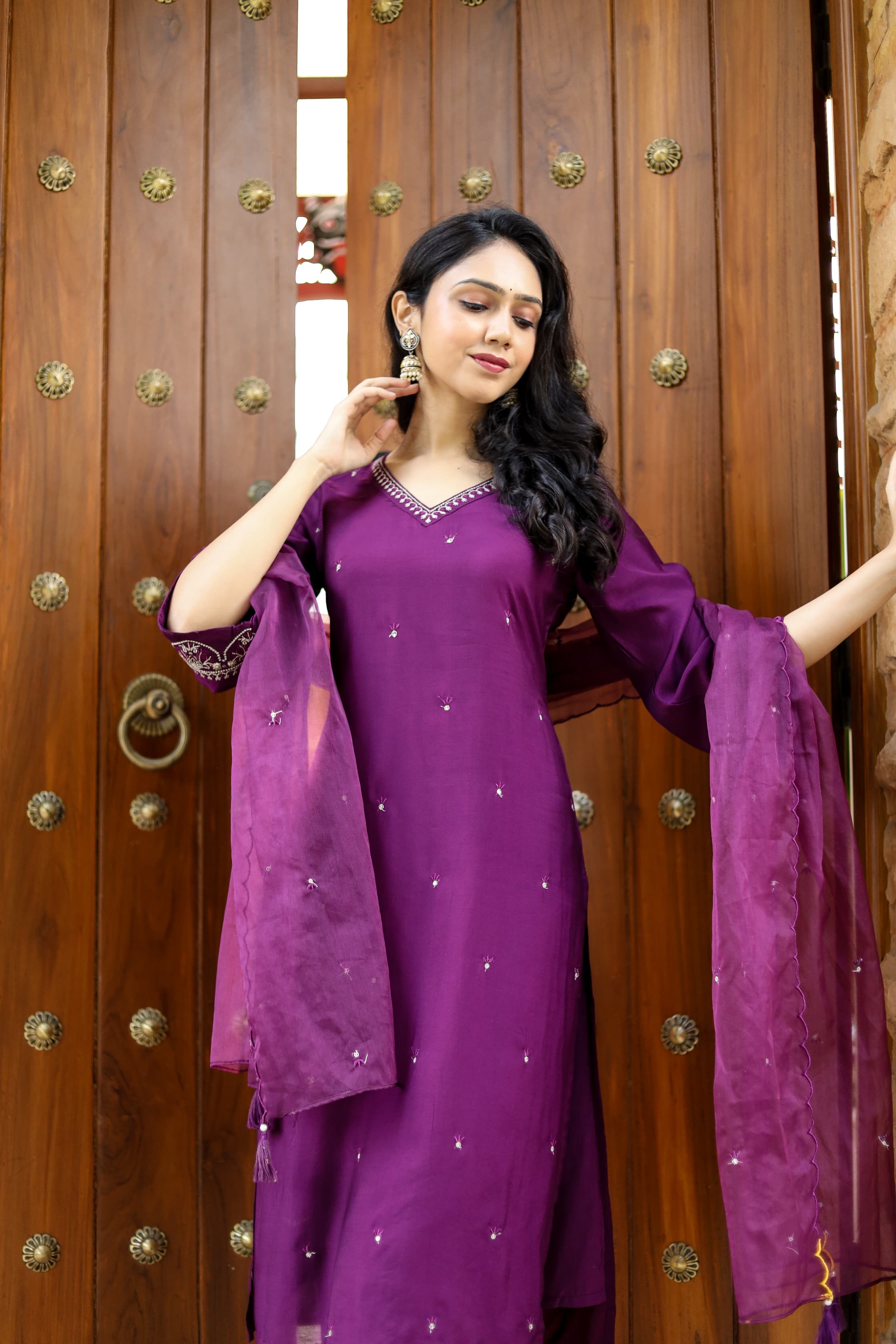 Ramya Solid Purple Embroidered Straight Suit Set