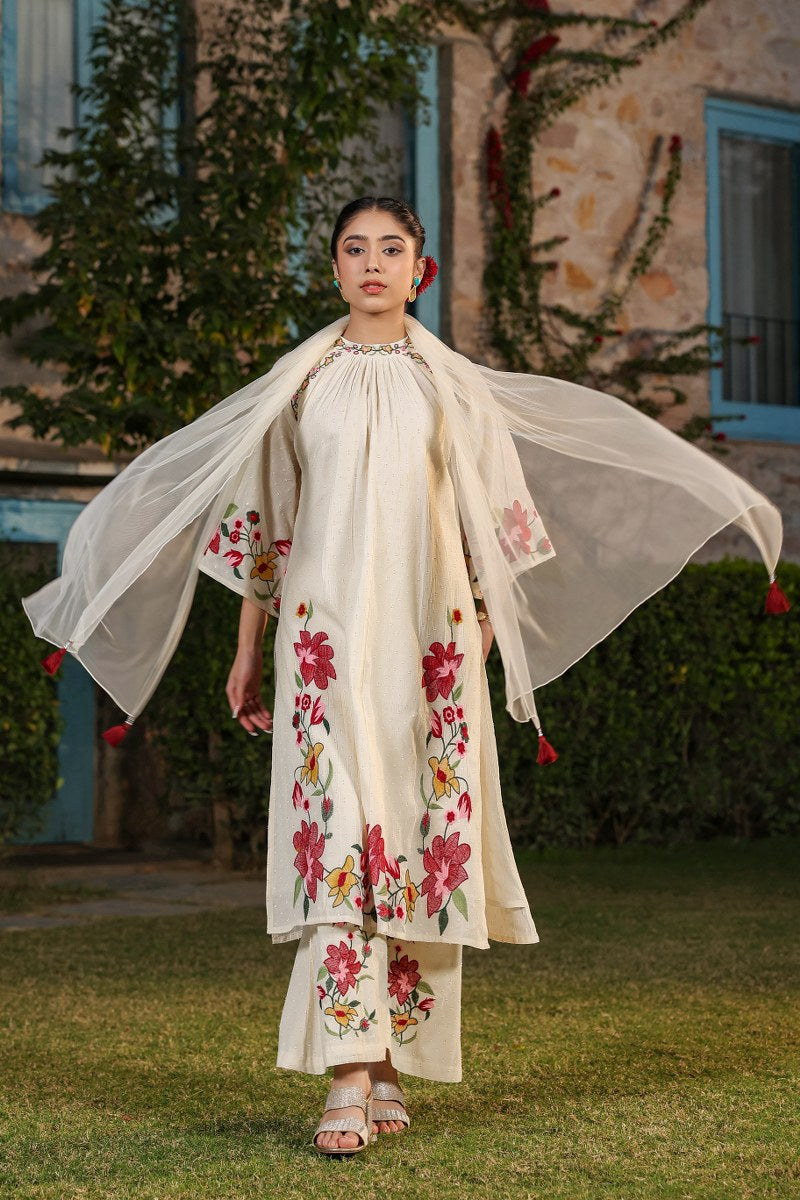 Priya Floral Embroidered Off White Pakistani Suit Set