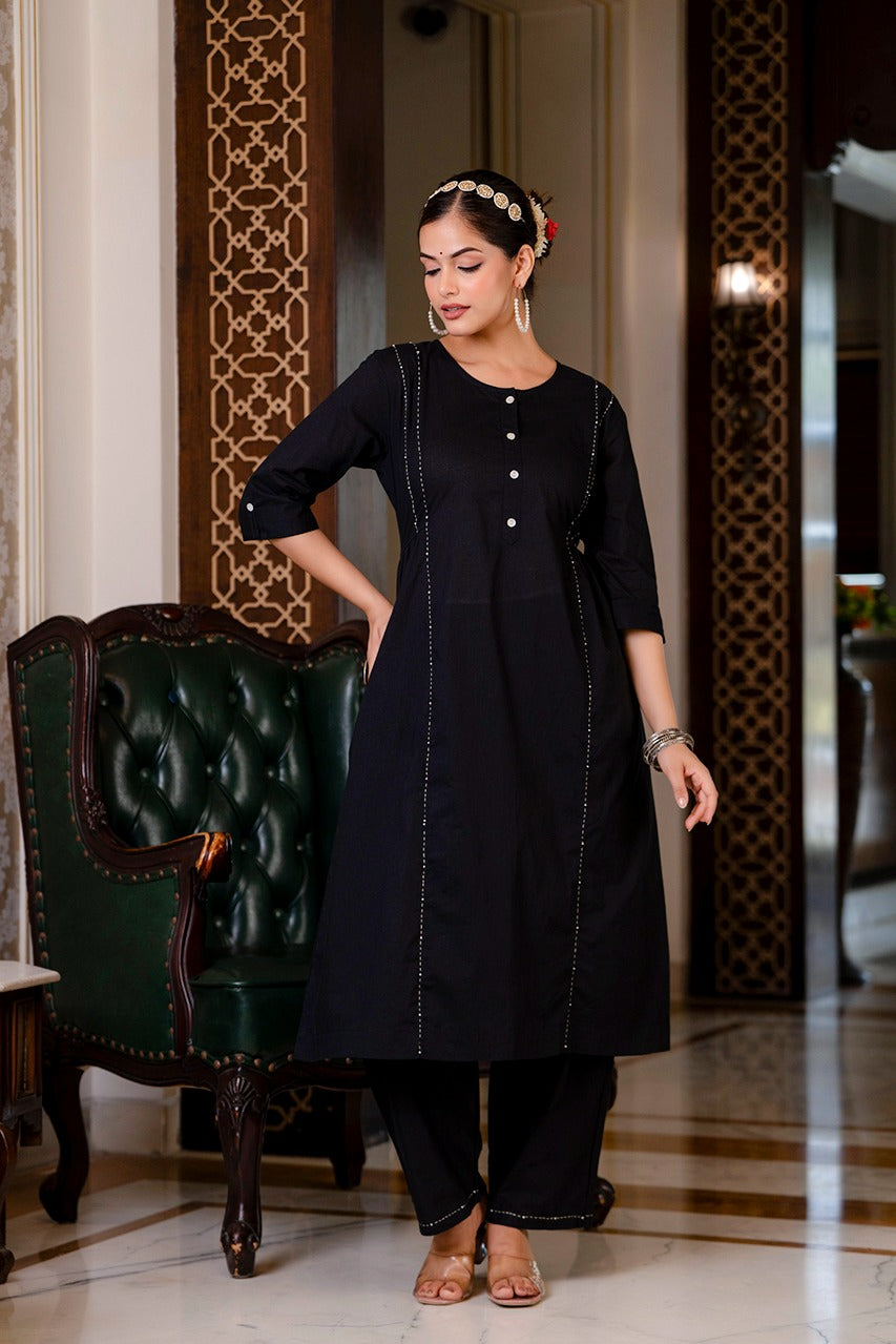 Shehnaz Solid katha work Black Co-Ord Set